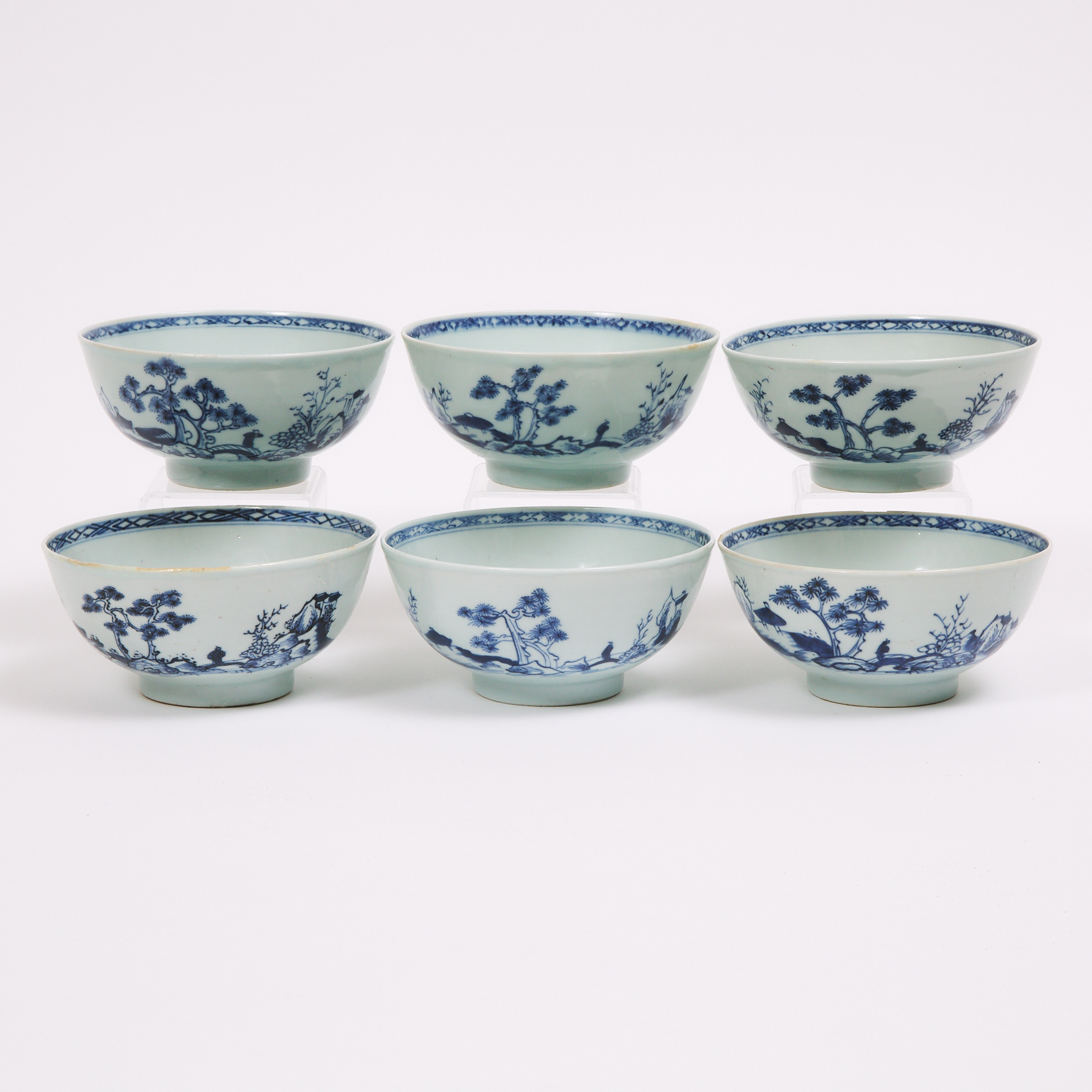 A Set of Six 'Scholar on Bridge' Pattern Small Bowls from the Nanking Cargo, Qianlong Period, Circa 1750