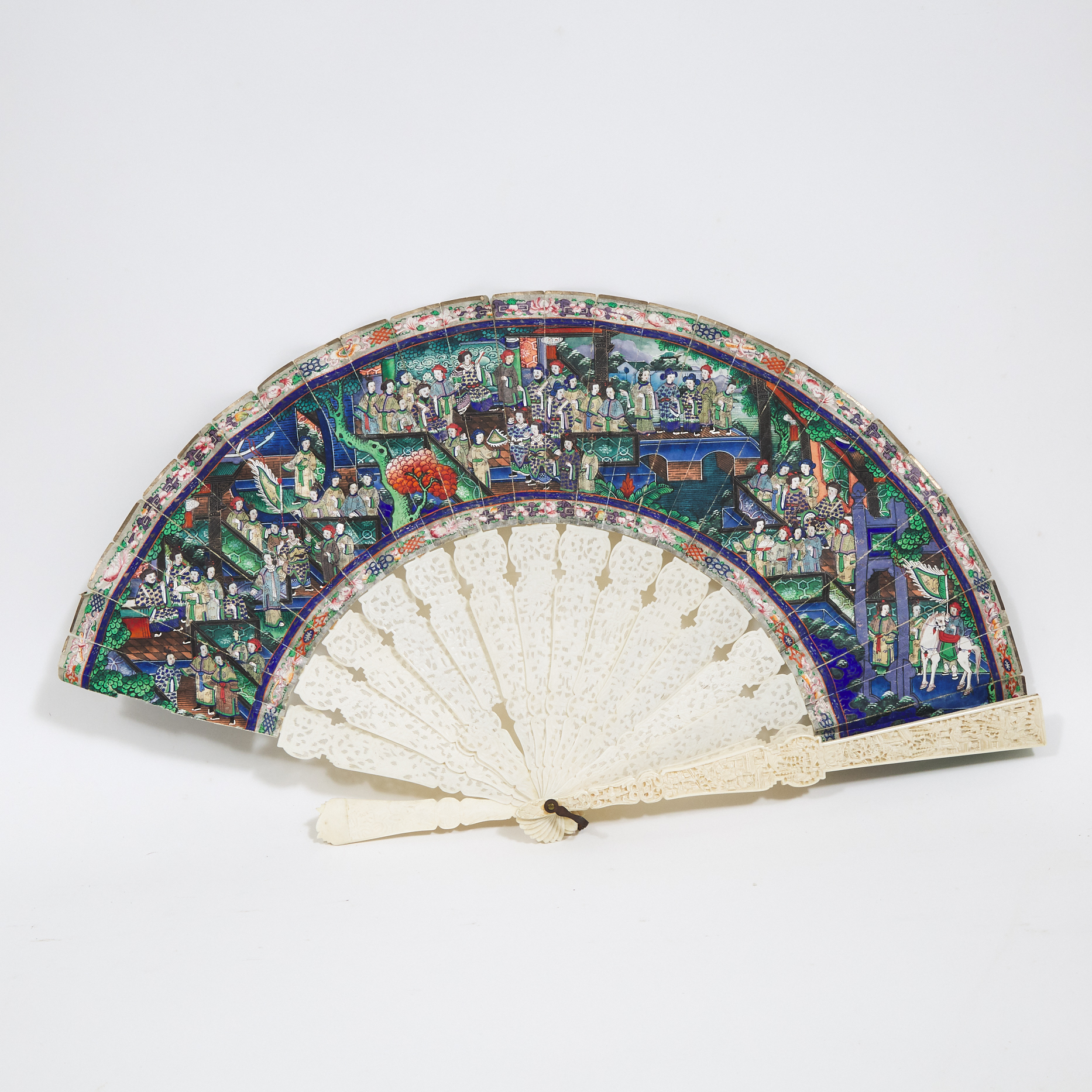 A Finely Carved Ivory Chinese Export Fan painted with a Palace Scene, 19th Century