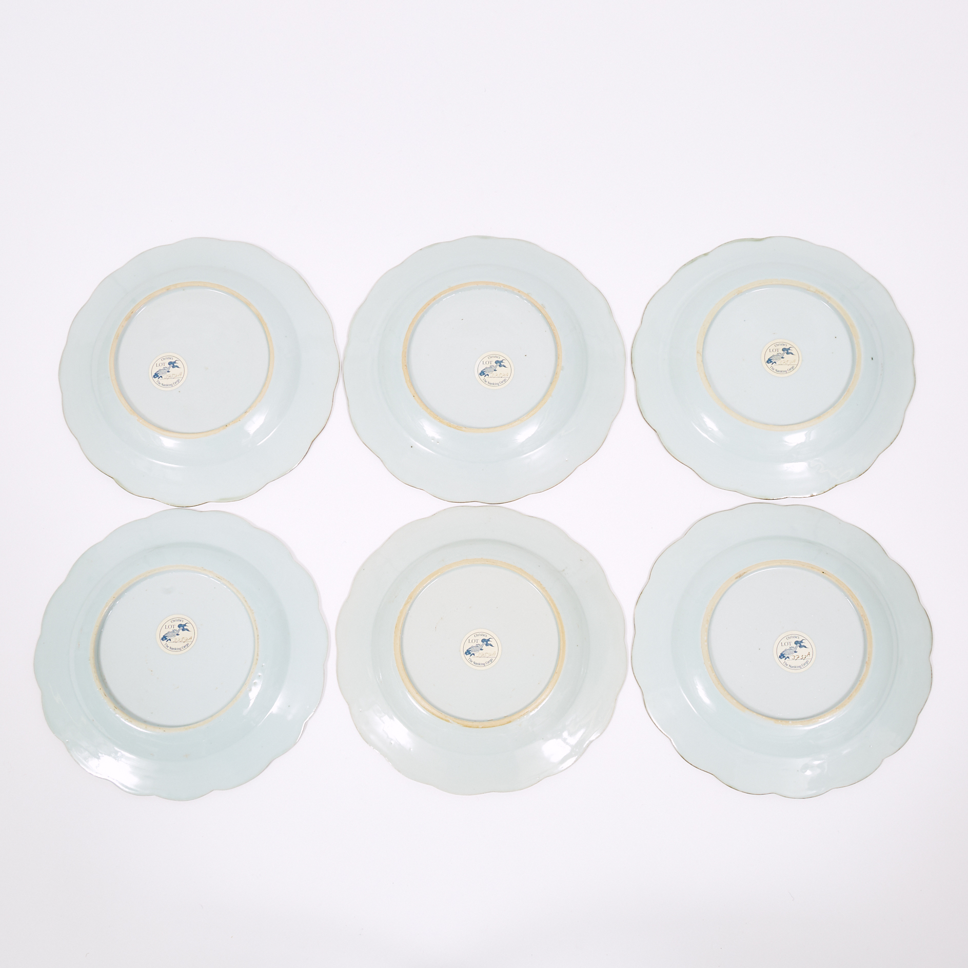 A Set of Six 'Three Pavilions' Pattern Lobed Soup Plates from the Nanking Cargo, Qianlong Period, Circa 1750
