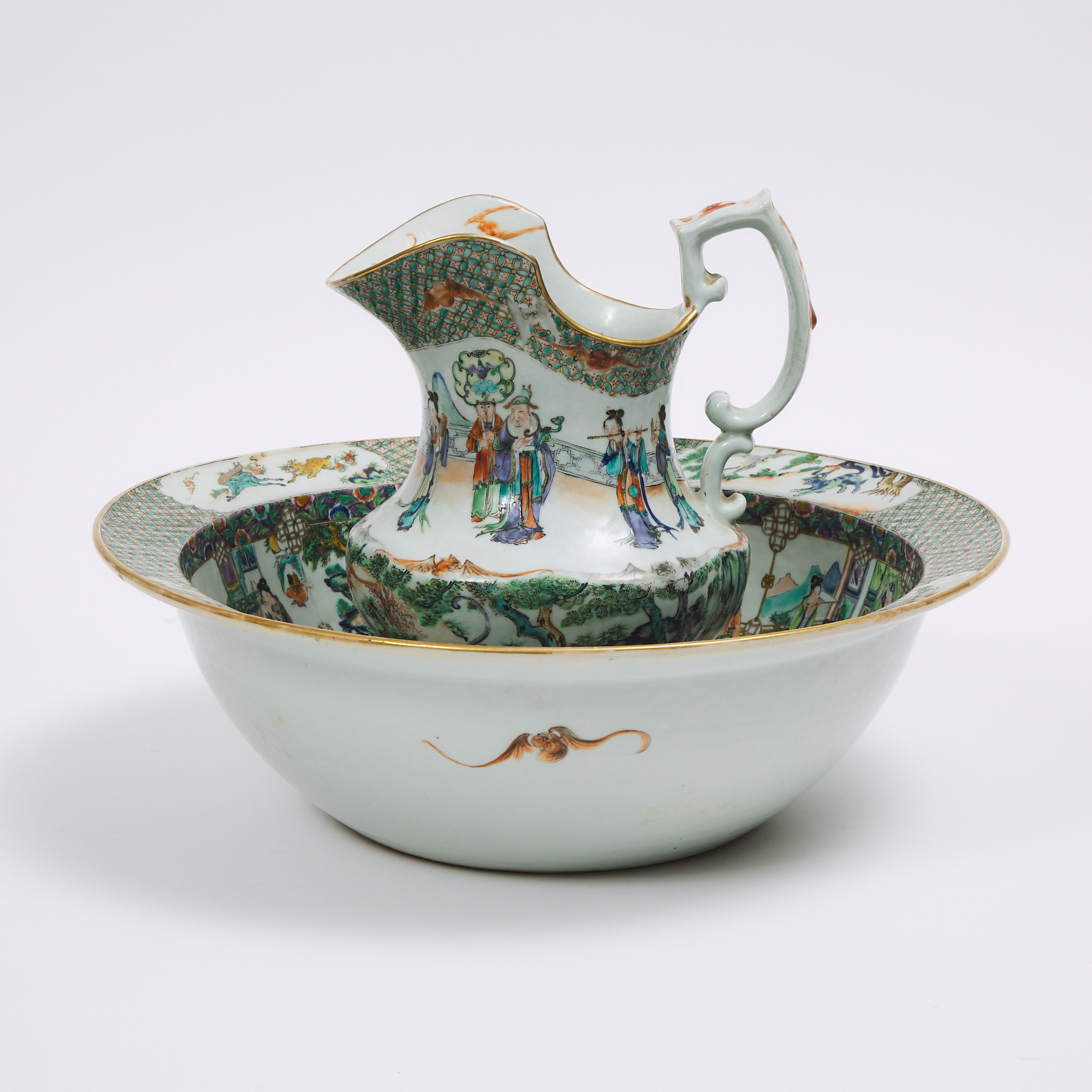 A Famille Verte Pitcher and Basin, 19th Century