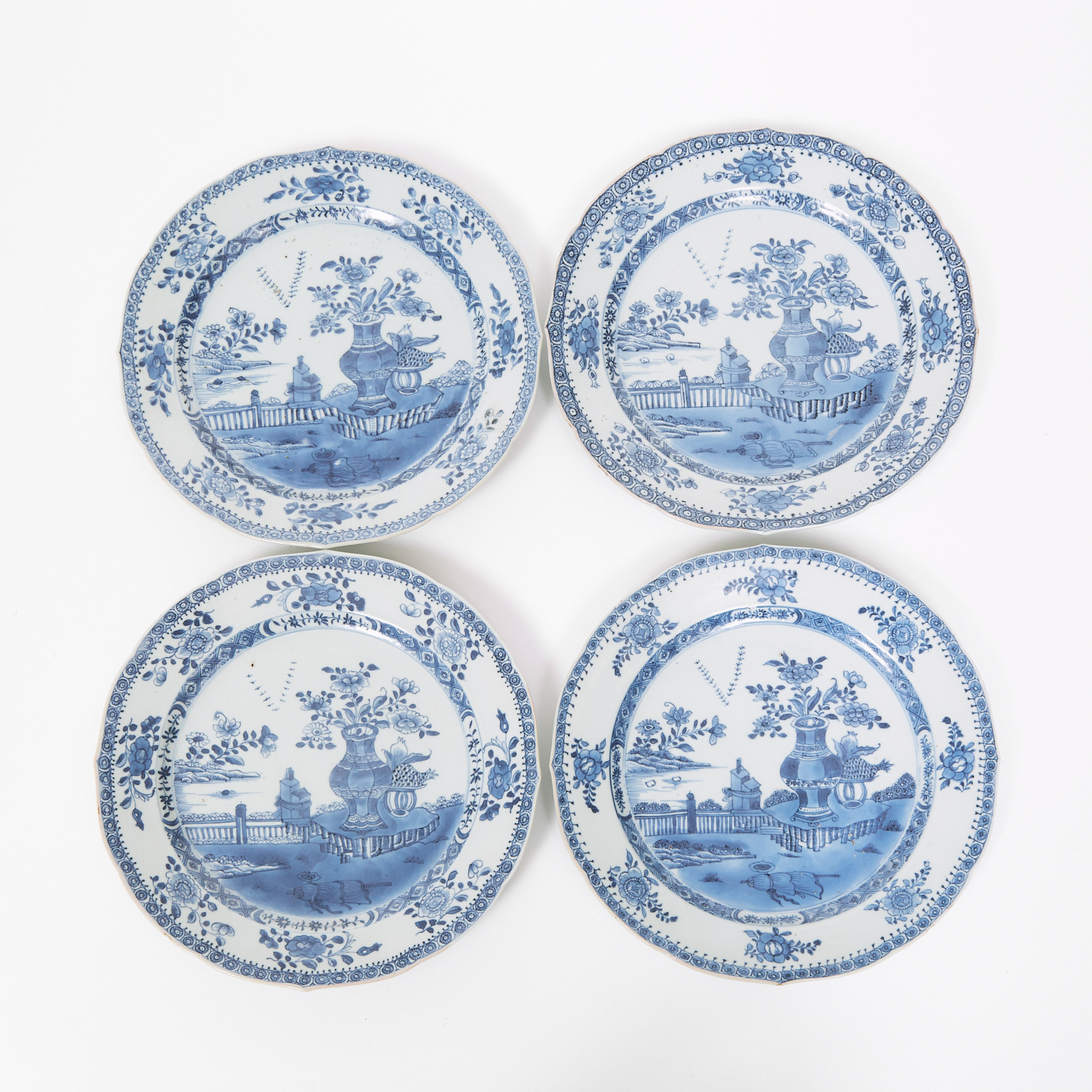 A Set of Four Well-Decorated Blue and White Lobed Plates with Flying Geese for the European Market, 18th Century