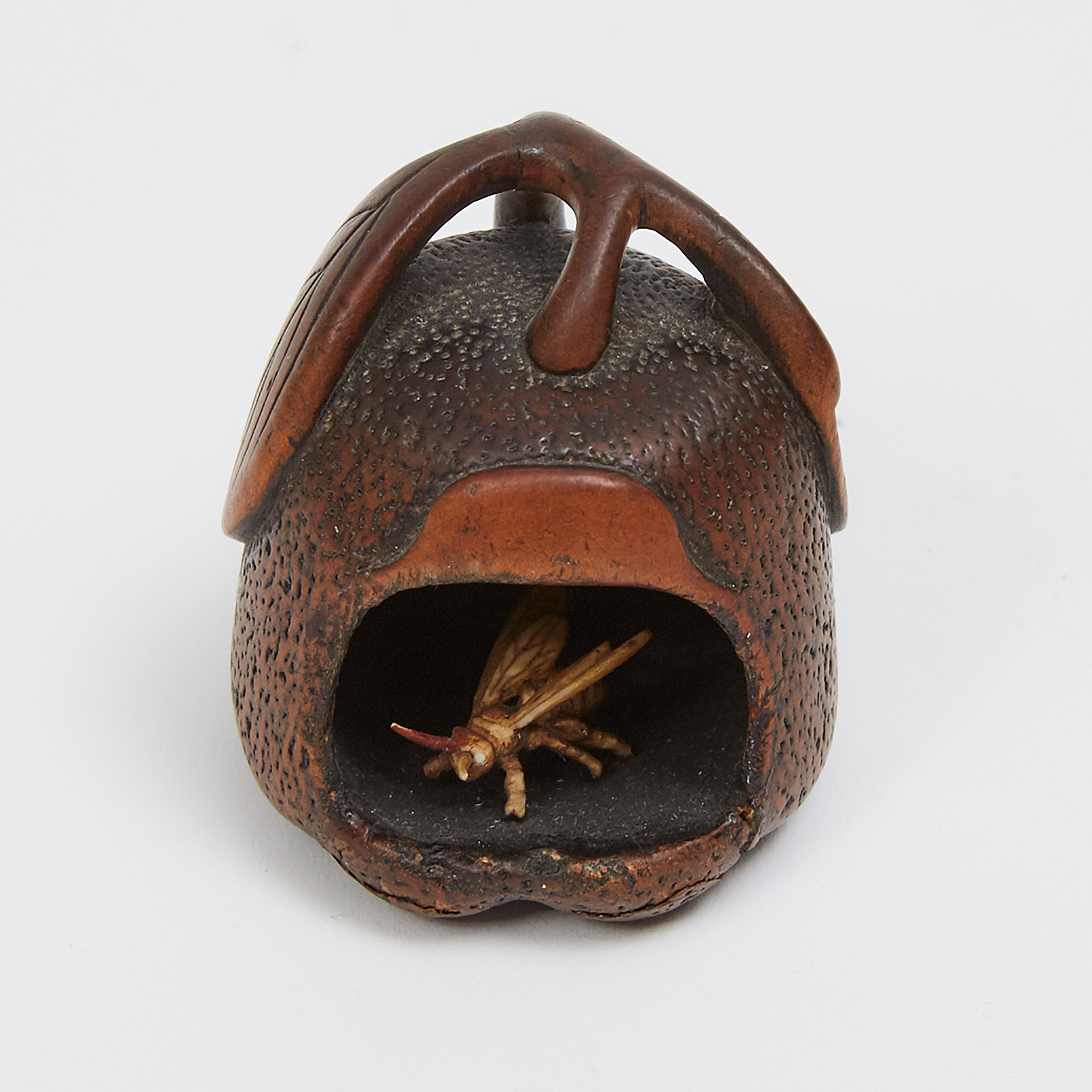A Boxwood and Ivory Carved Netsuke of a Wasp in a Fruit