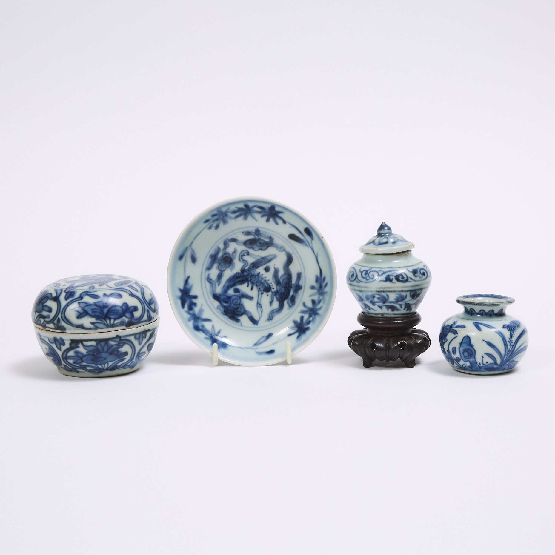 A Group of Four Blue and White Porcelain Wares, Ming Dynasty