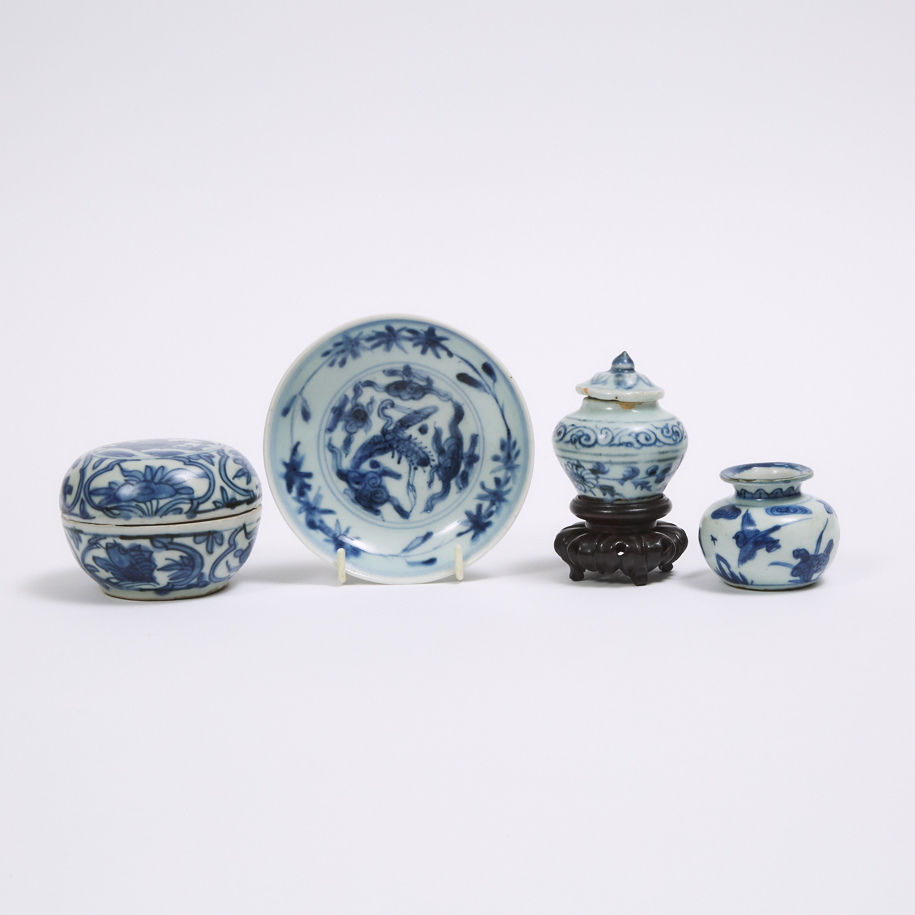 A Group of Four Blue and White Porcelain Wares, Ming Dynasty