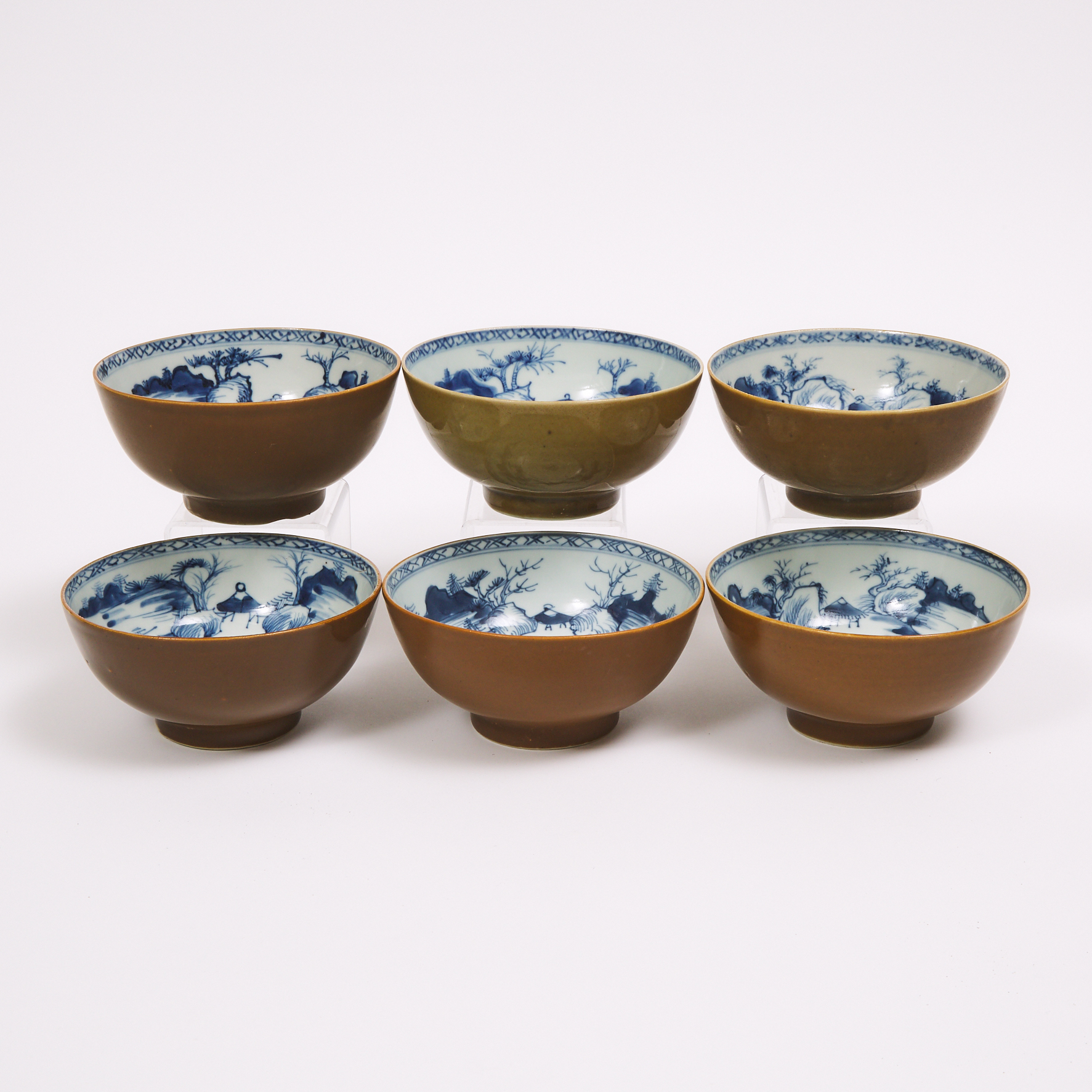 A Set of Six 'Batavian' Landscape Bowls from the Nanking Cargo, Qianlong Period, Circa 1750