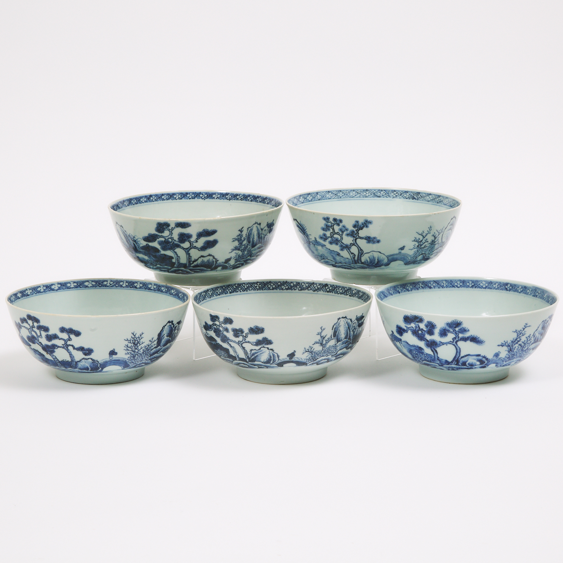 A Set of Five 'Scholar on Bridge' Pattern Large Bowls from the Nanking Cargo, Qianlong Period, Circa 1750