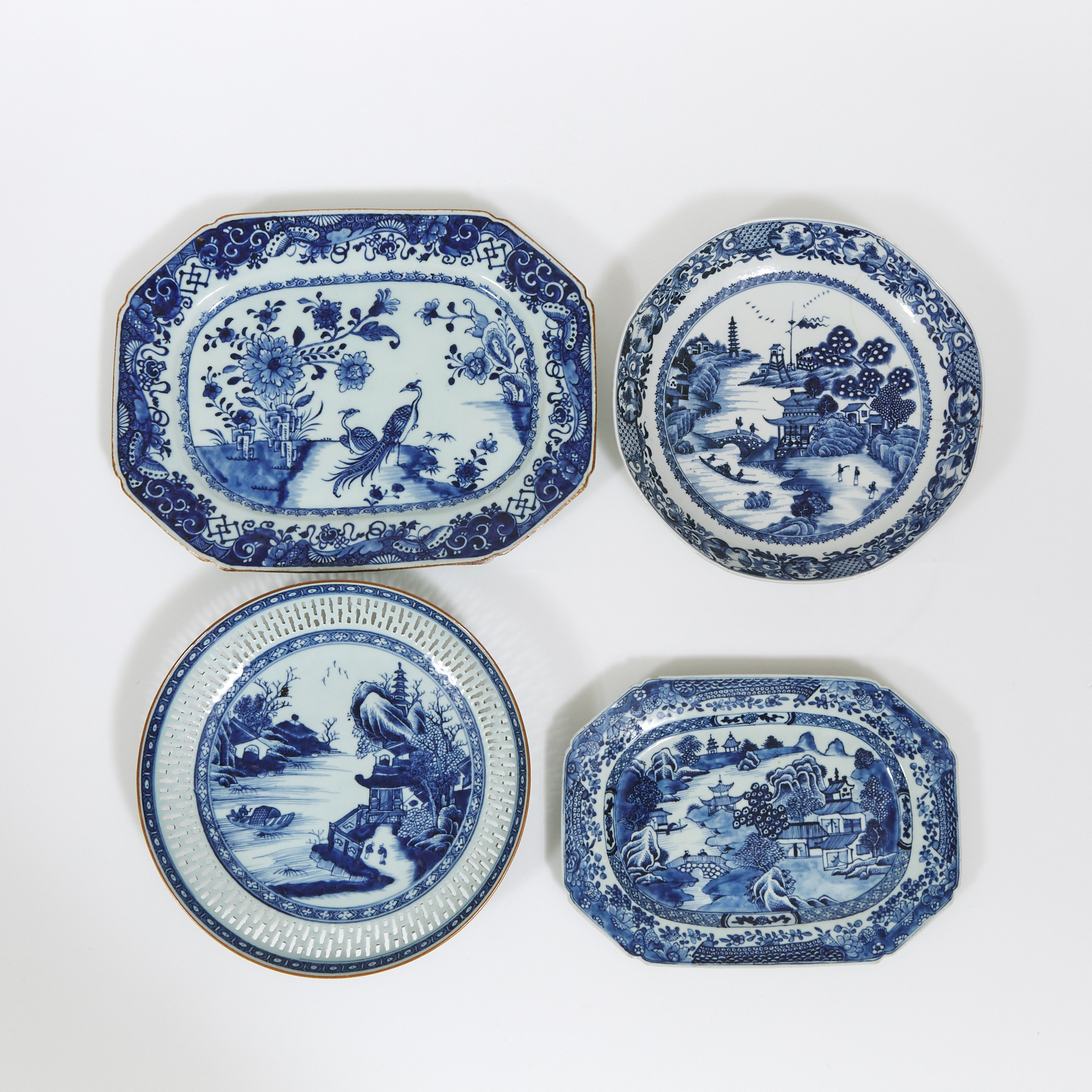 A Group of Four Chinese Export Blue and White Plates, Qianlong Period, 18th Century