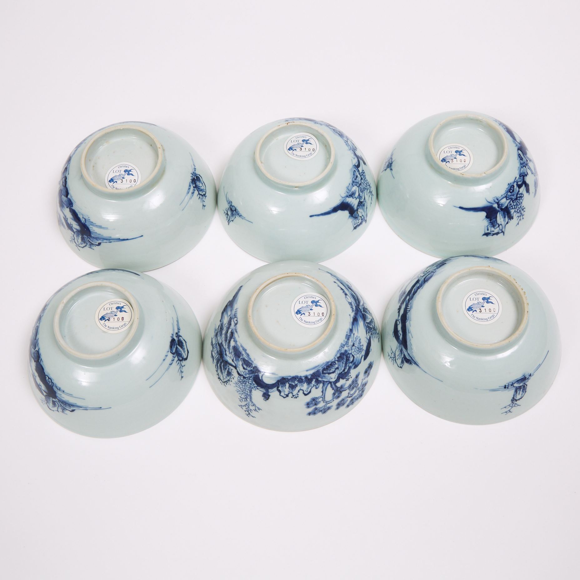 A Set of Six 'Scholar on Bridge' Pattern Small Bowls from the Nanking Cargo, Qianlong Period, Circa 1750