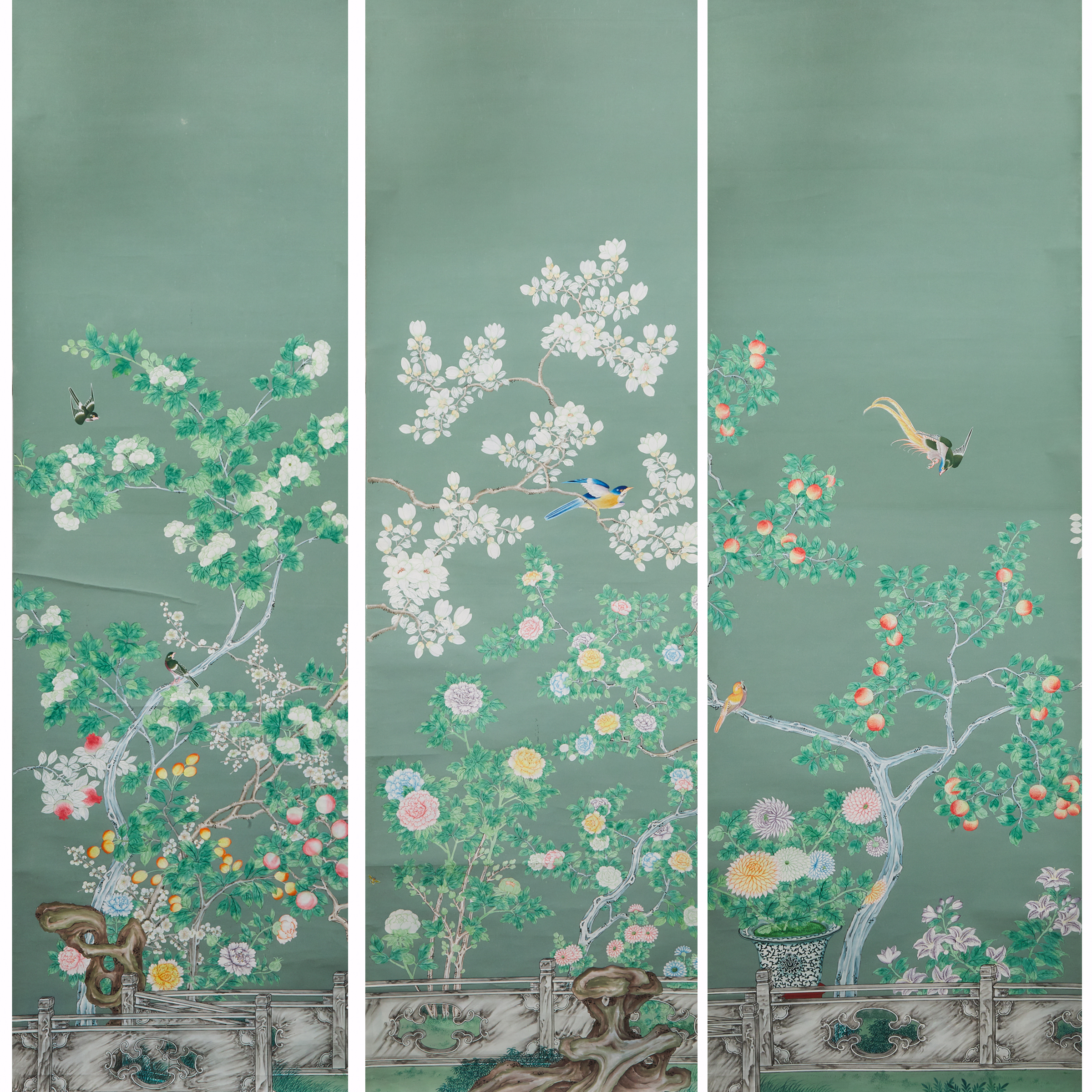 A Set of Three Chinese Export Wallpaper Panels, Early 20th Century
