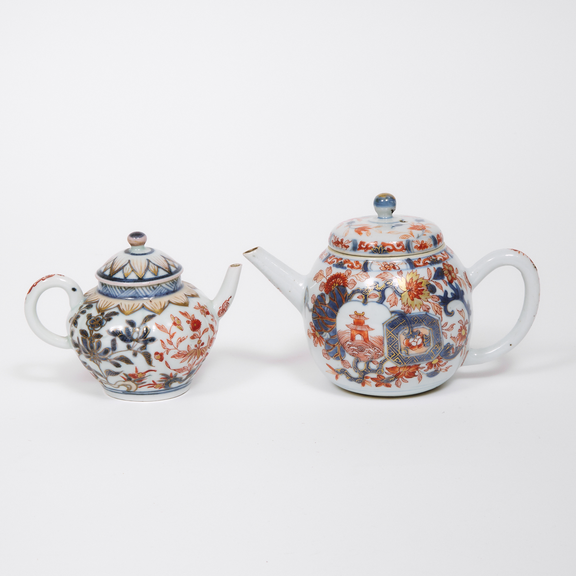 Two Rare Chinese Export Gilt Imari Lidded Teapots, Yongzheng Period