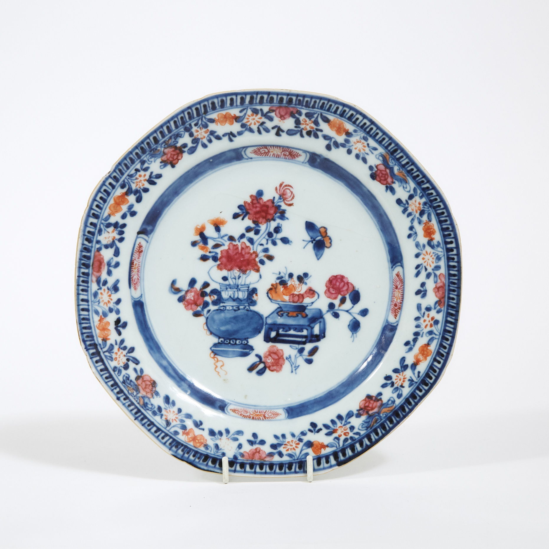 A Chinese Export Octagonal Blue and White Overglaze-Red 'Rose' Plate, Qianlong Period, 18th Century