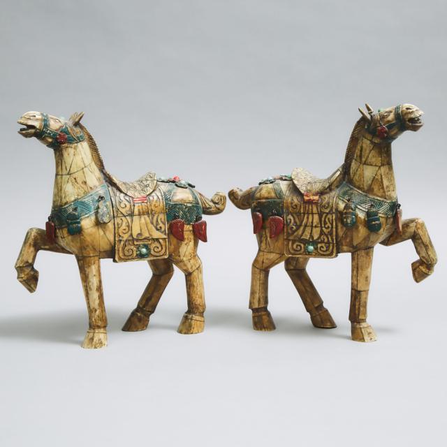 Pair of Chinese Bone Veneered Models of Horses, mid 20th century
