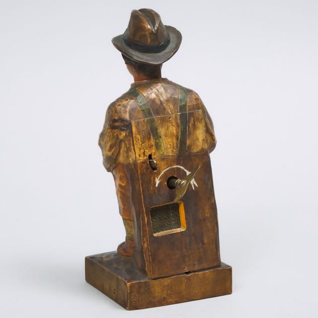 German Carved and Polychromed Automaton Whistling Figure of a Young Boy with an Umbrella, by Karl Griesbaum, early 20th century