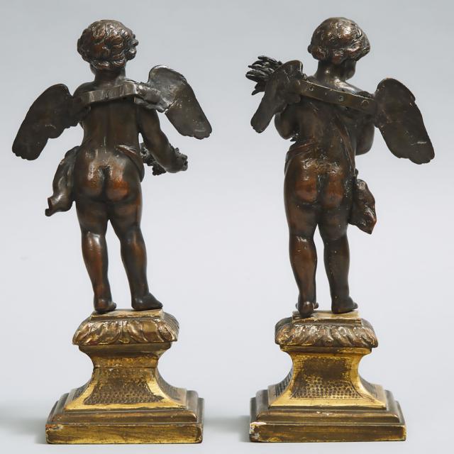 Pair of Italian Patinated Bronze Allegorical Cherubic Figures of Summer and Autumn, 18th/19th century