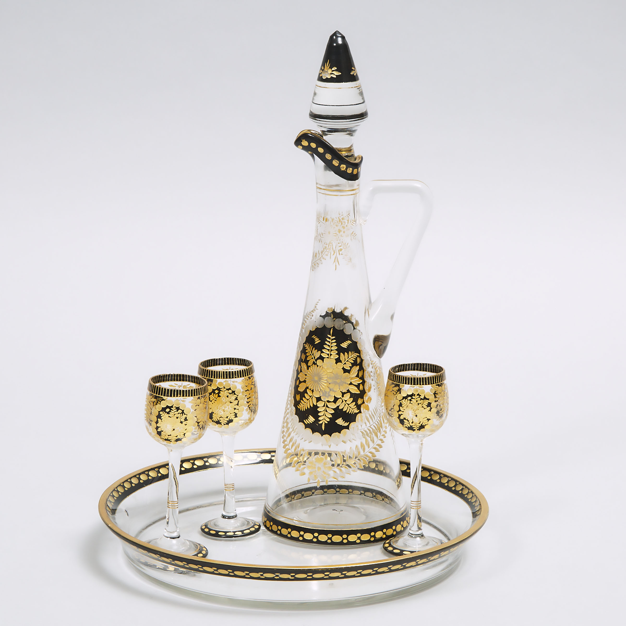 Bohemian Cut, Enameled and Gilt Glass Decanter, Tray, and Three Glasses, 20th century