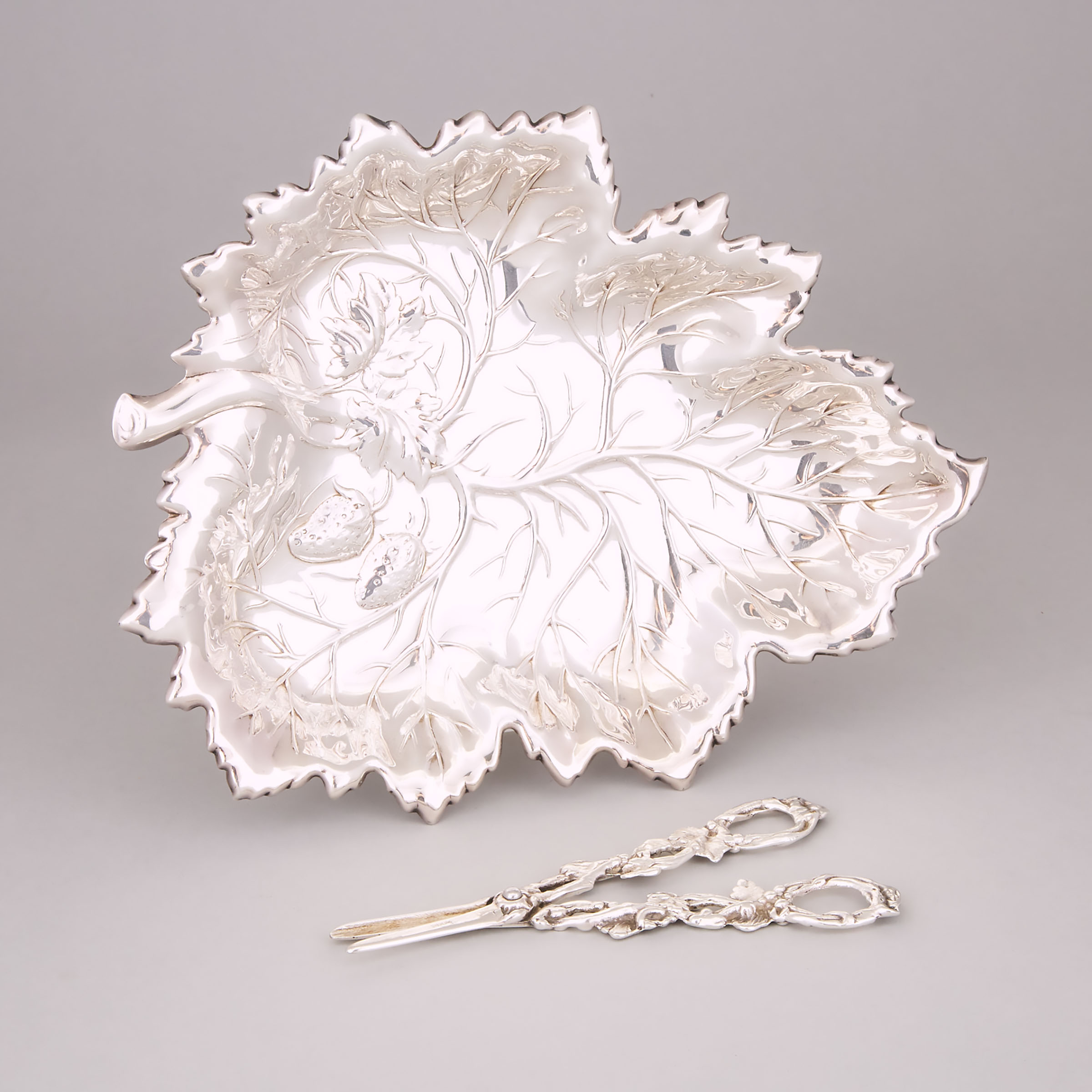 American Silver Strawberry Leaf Dish and Grape Shears, 20th century