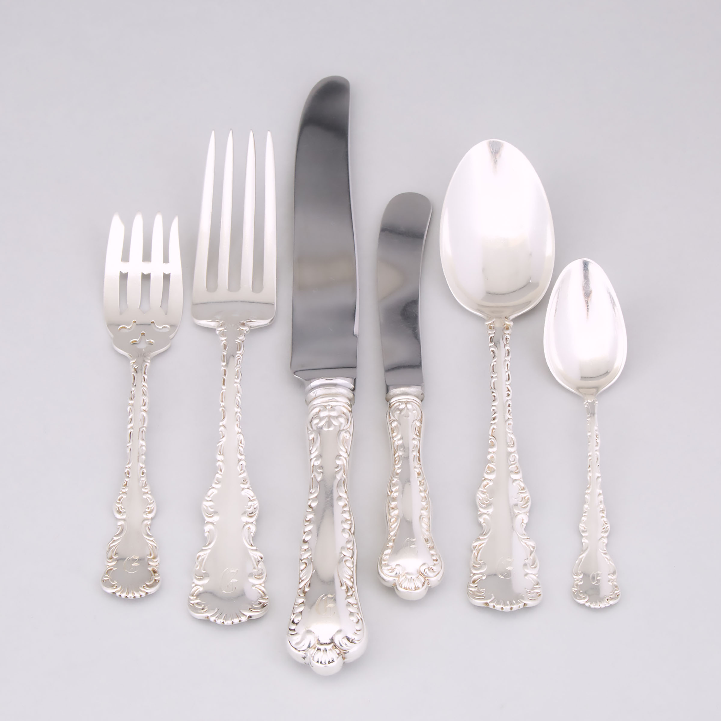 Assembled Canadian Silver 'Louis XV' Pattern Flatware Service, Henry Birks & Sons, Roden Bros. and Ryrie Bros., 20th century