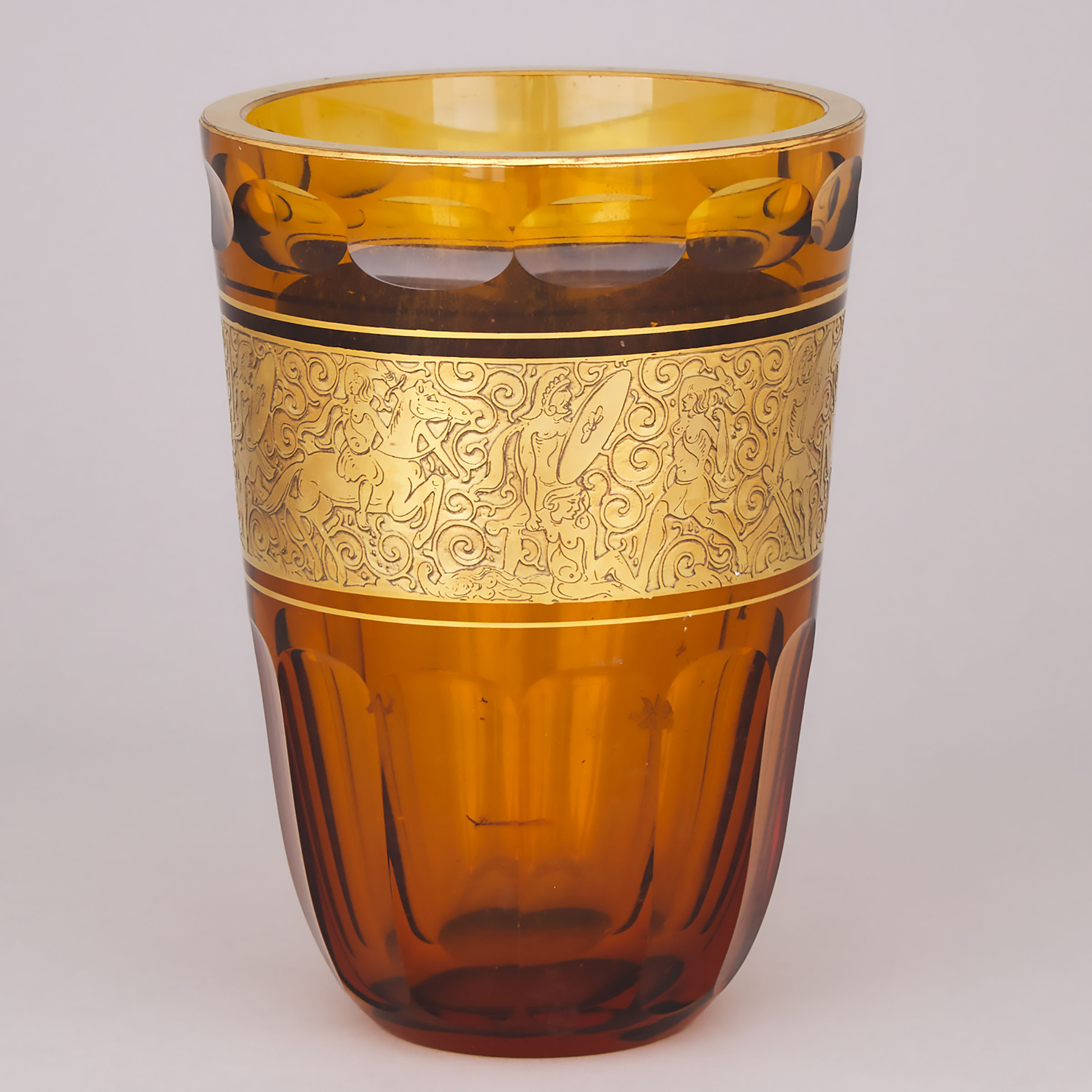 Bohemian Cut, Etched and Gilt Amber Glass Vase, probably Moser, mid-20th century