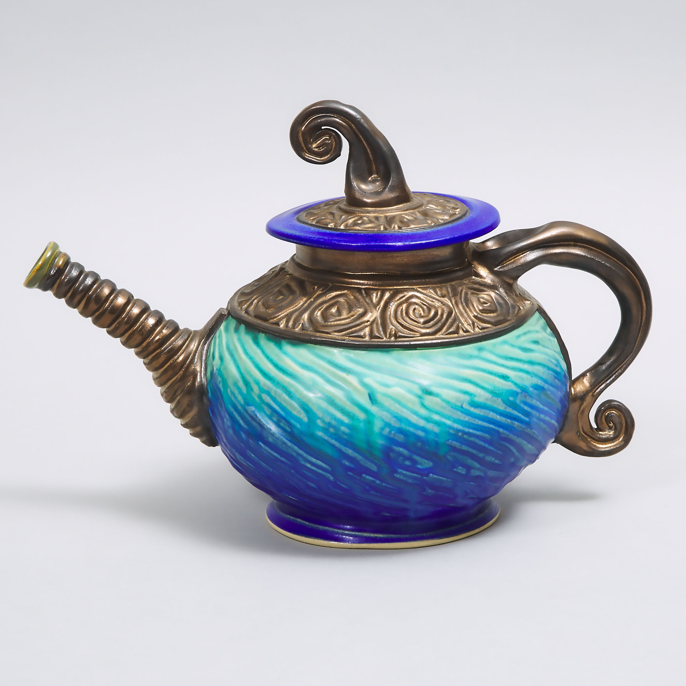 Johnathan Bullock (Canadian, b.1968), Carved Blue and Bronze Glazed Teapot, 1990-95