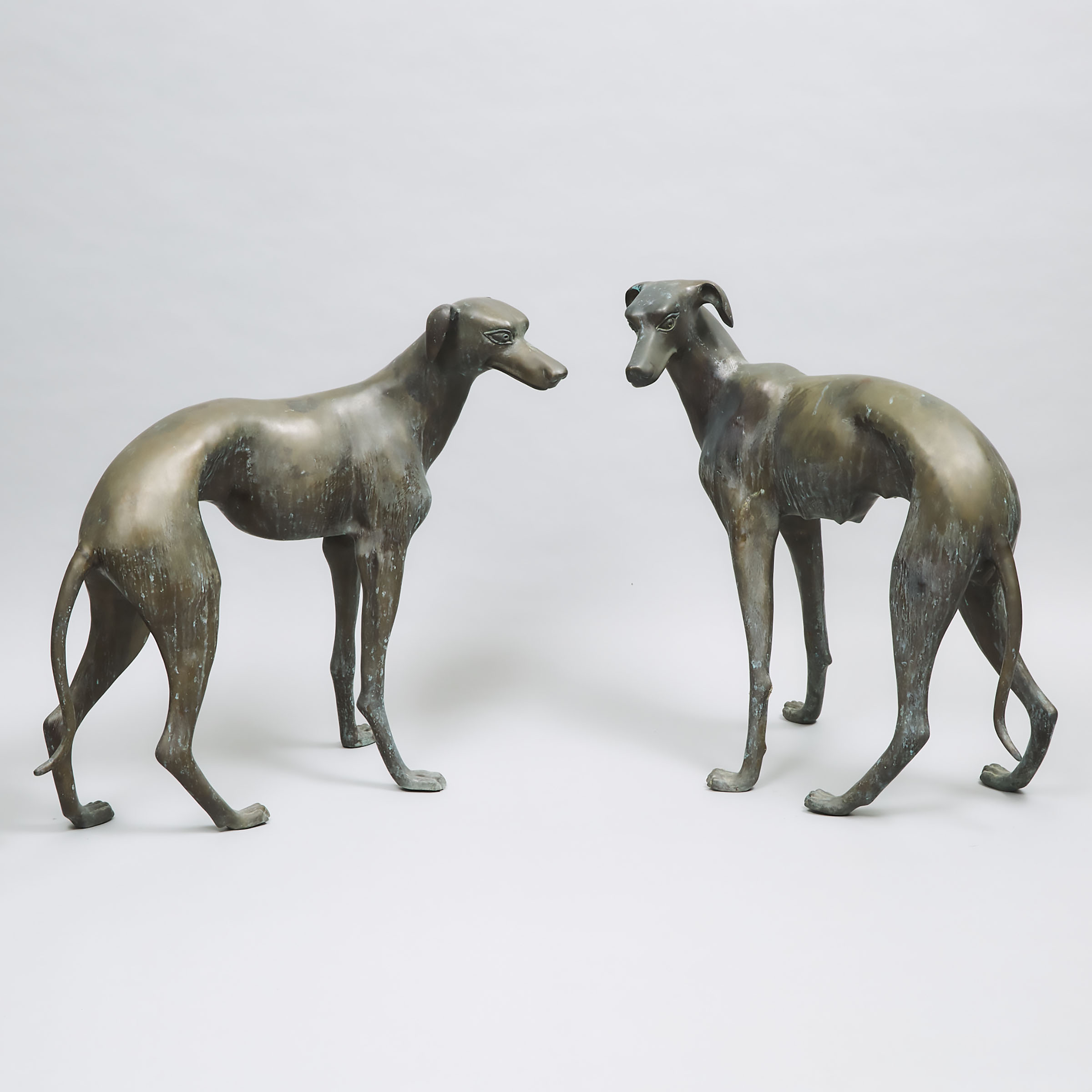Pair of Garden Statuary Bronze Models of Greyhounds, 20th century