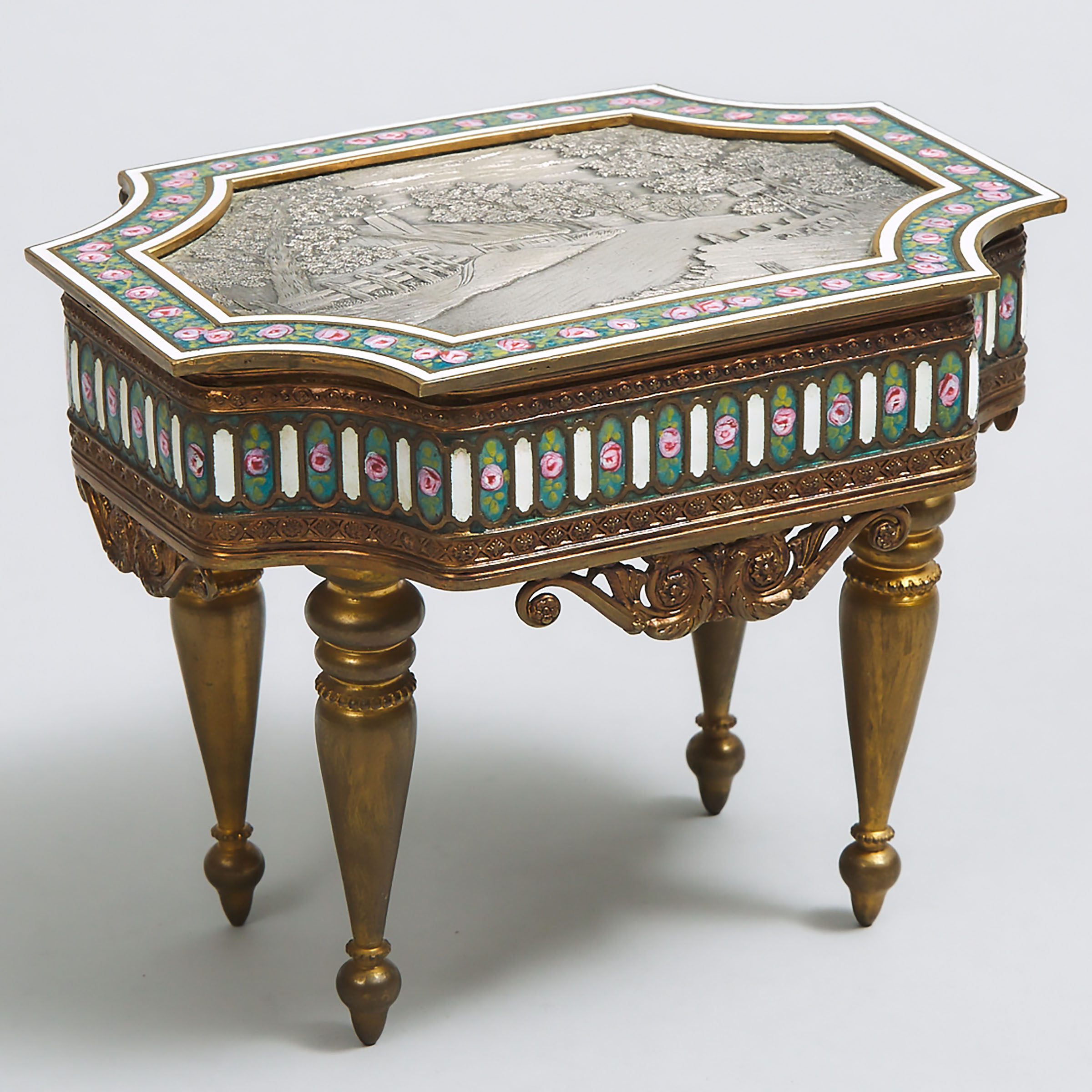 French Enamelled Gilt Bronze and Micro Mosaic Jewellery Casket, early 20th century