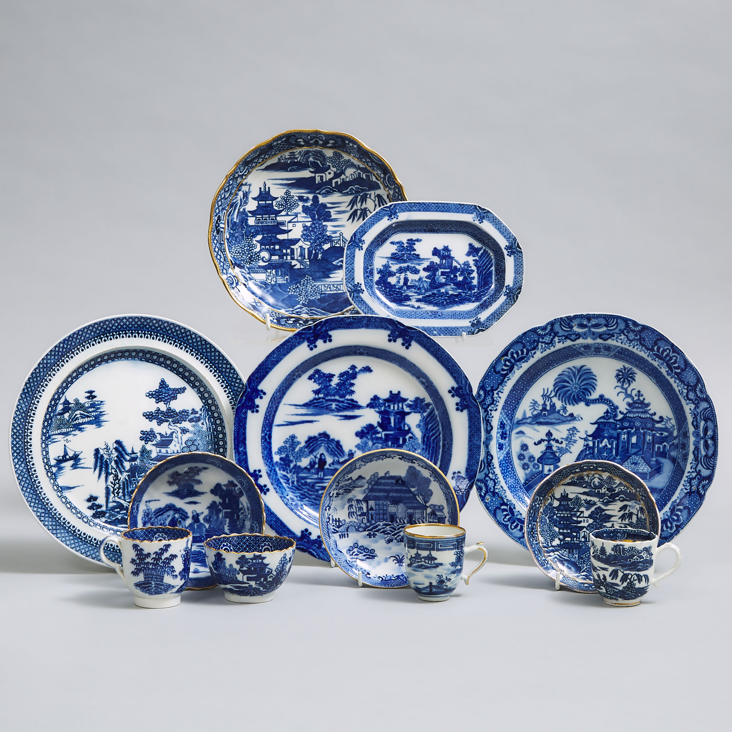 Group of English Blue-Printed Pottery and Porcelain, late 18th/early 19th century