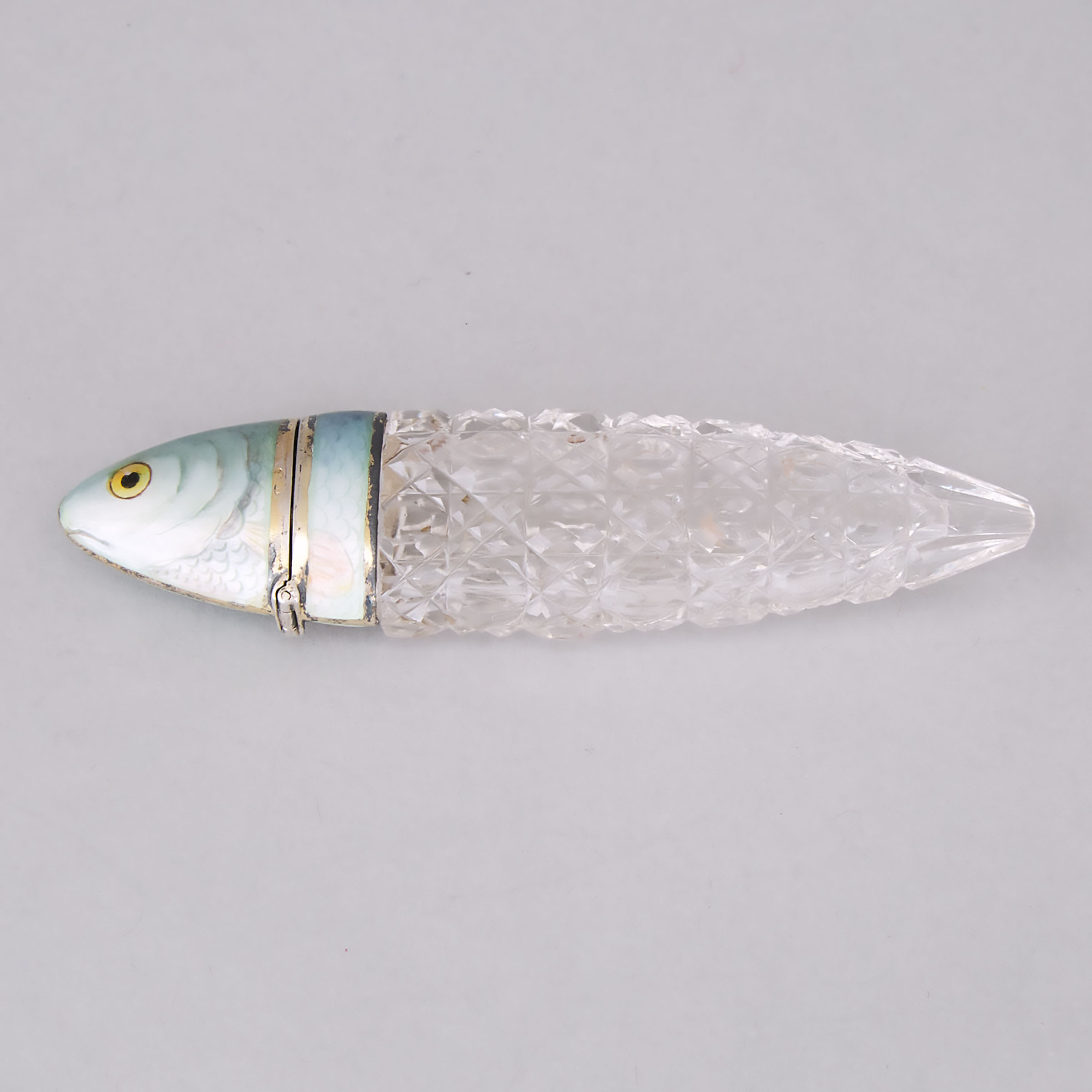 Continental Enameled Silver Mounted Cut Glass Novelty Fish-Form Perfume Bottle, c.1914