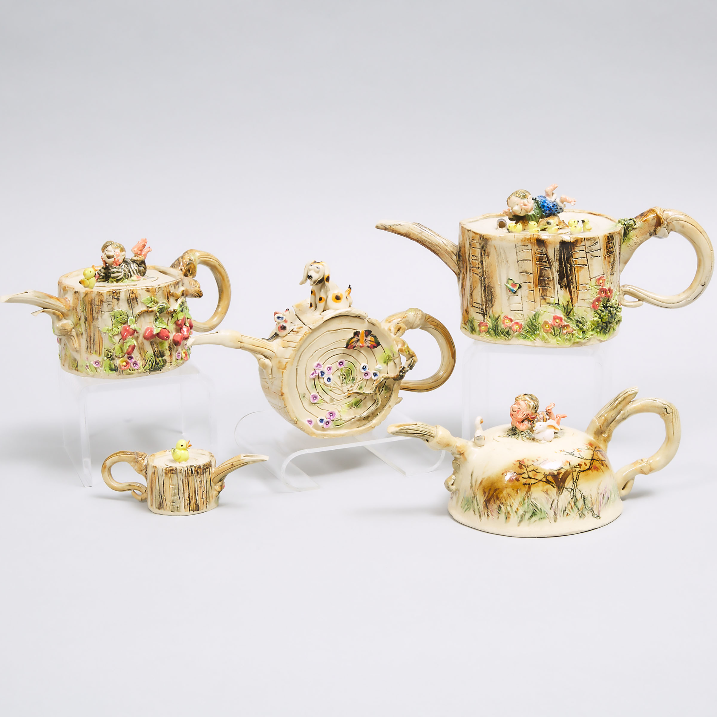 Patrick Mok (Canadian, b. 1940), Five Small Sculpted Stoneware Teapots, 1999-2005