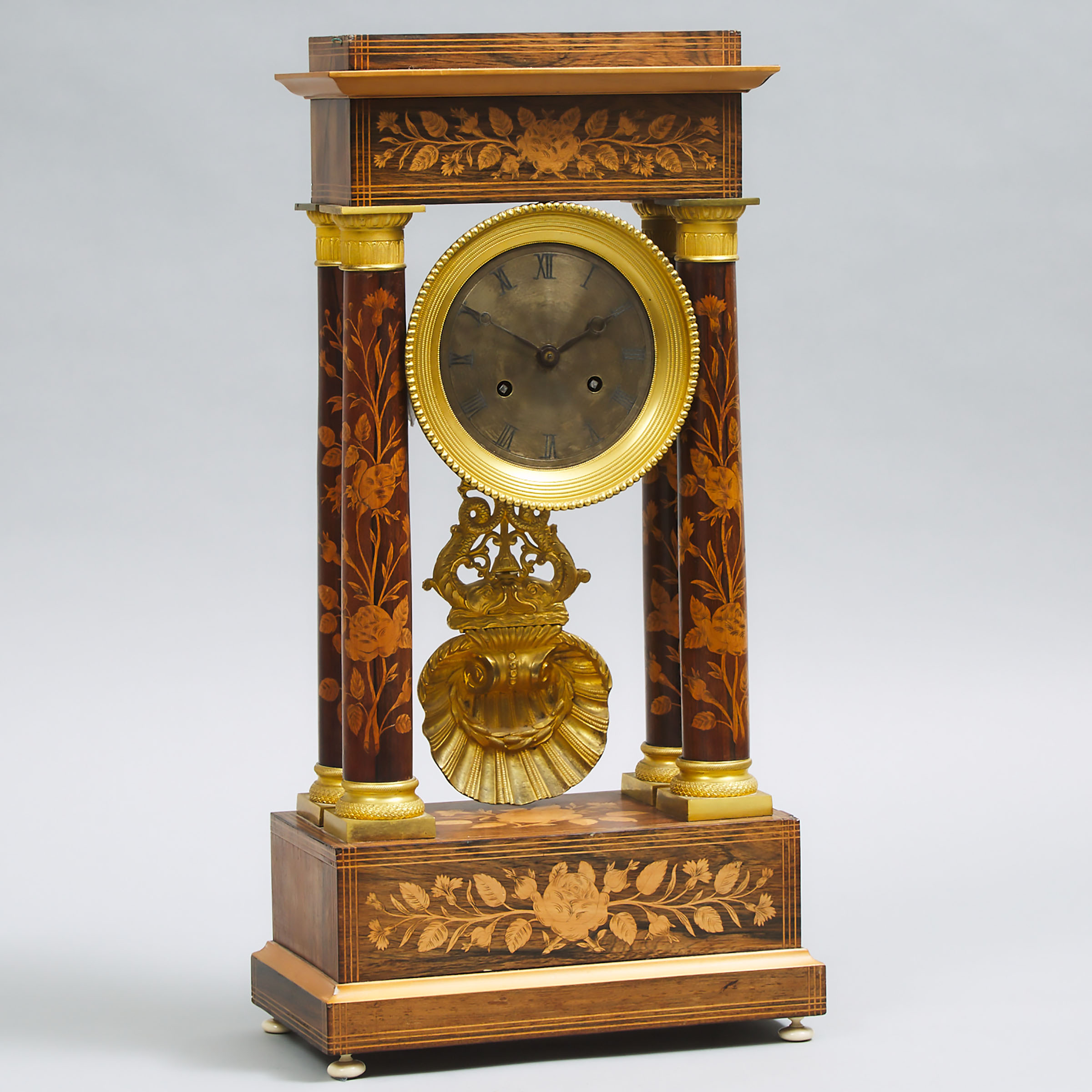 French Fruitwood Inlaid Rosewood Portico Clock, c.1870