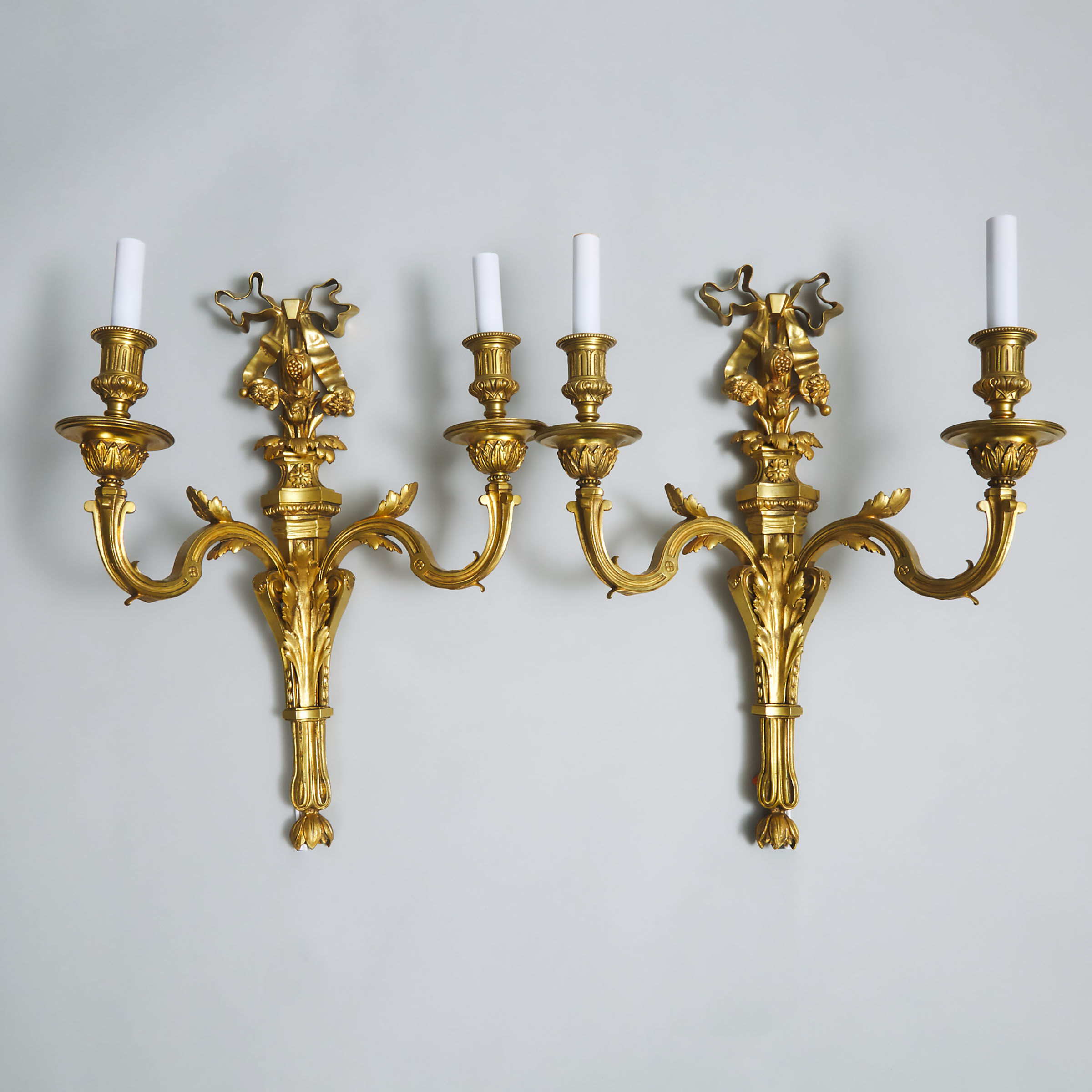 Pair of Large French Neoclassical Gilt Bronze Two Candle Wall Sconces, 20th century