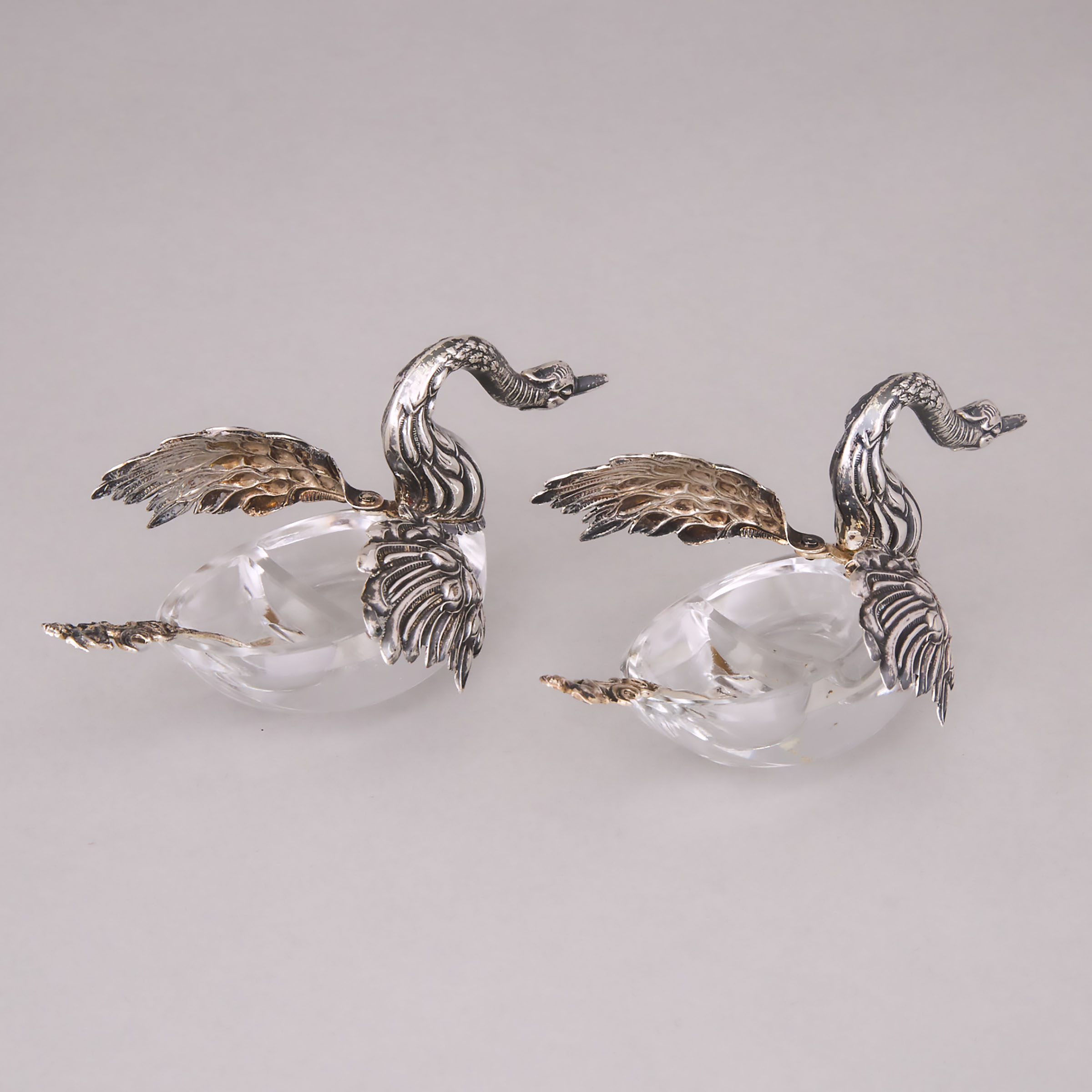 Two Continental Silver Swan Form Salt Cellars and Spoons, for Henry Birks, 20th century