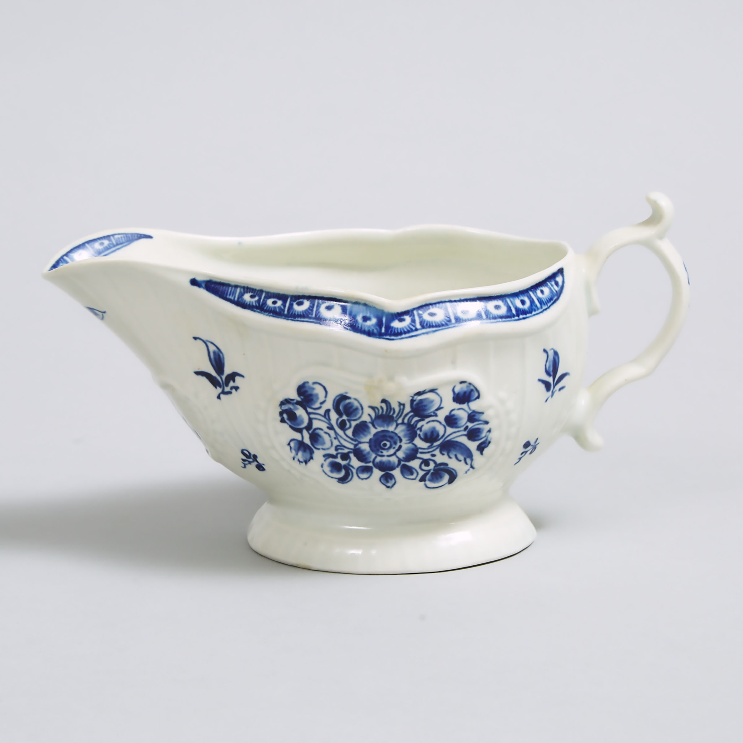 Worcester Blue and White 'Strap Flute Floral' Sauce Boat, c.1775