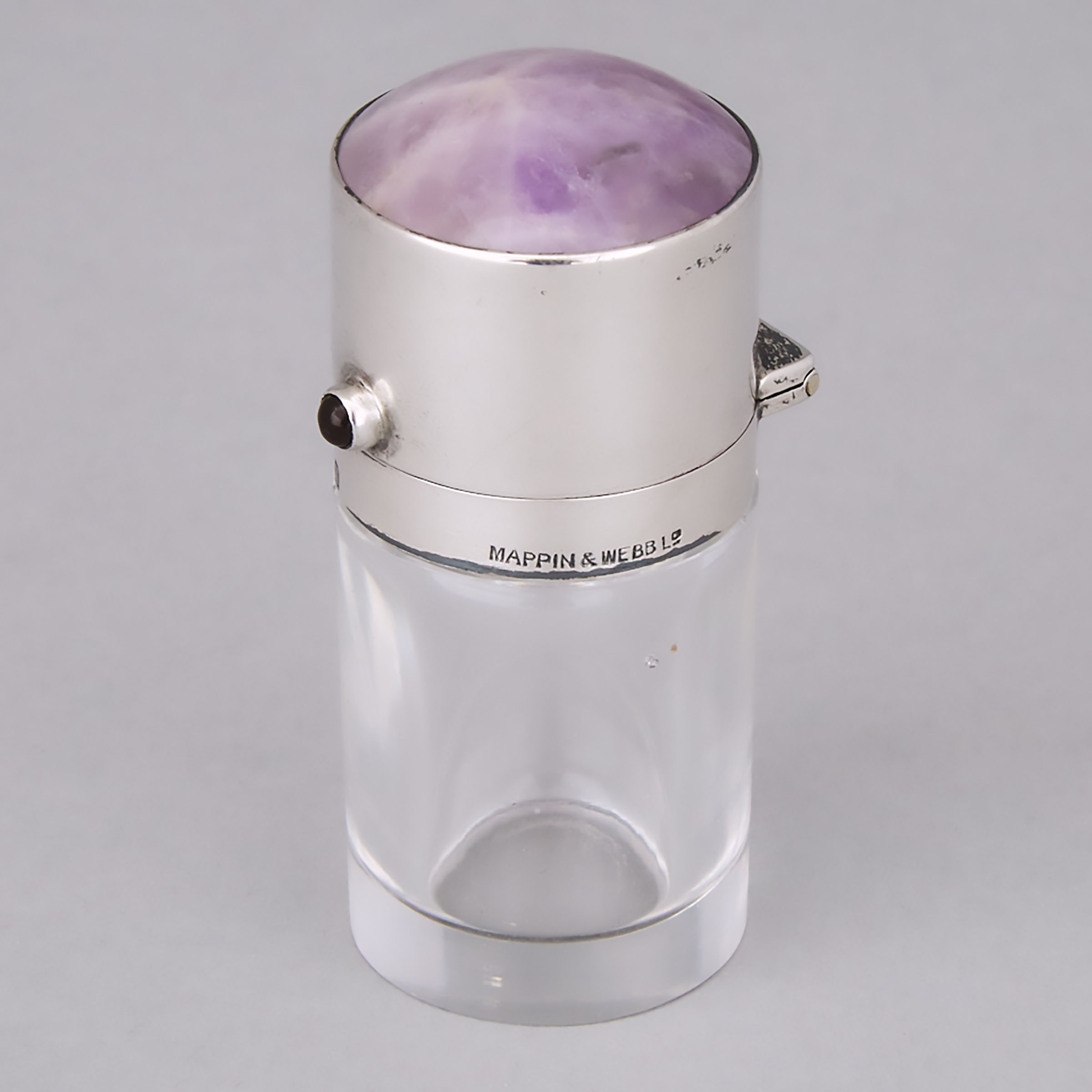 English Silver and Amethyst Quartz Mounted Glass Perfume Bottle, Levi & Salaman, Birmingham, 1912