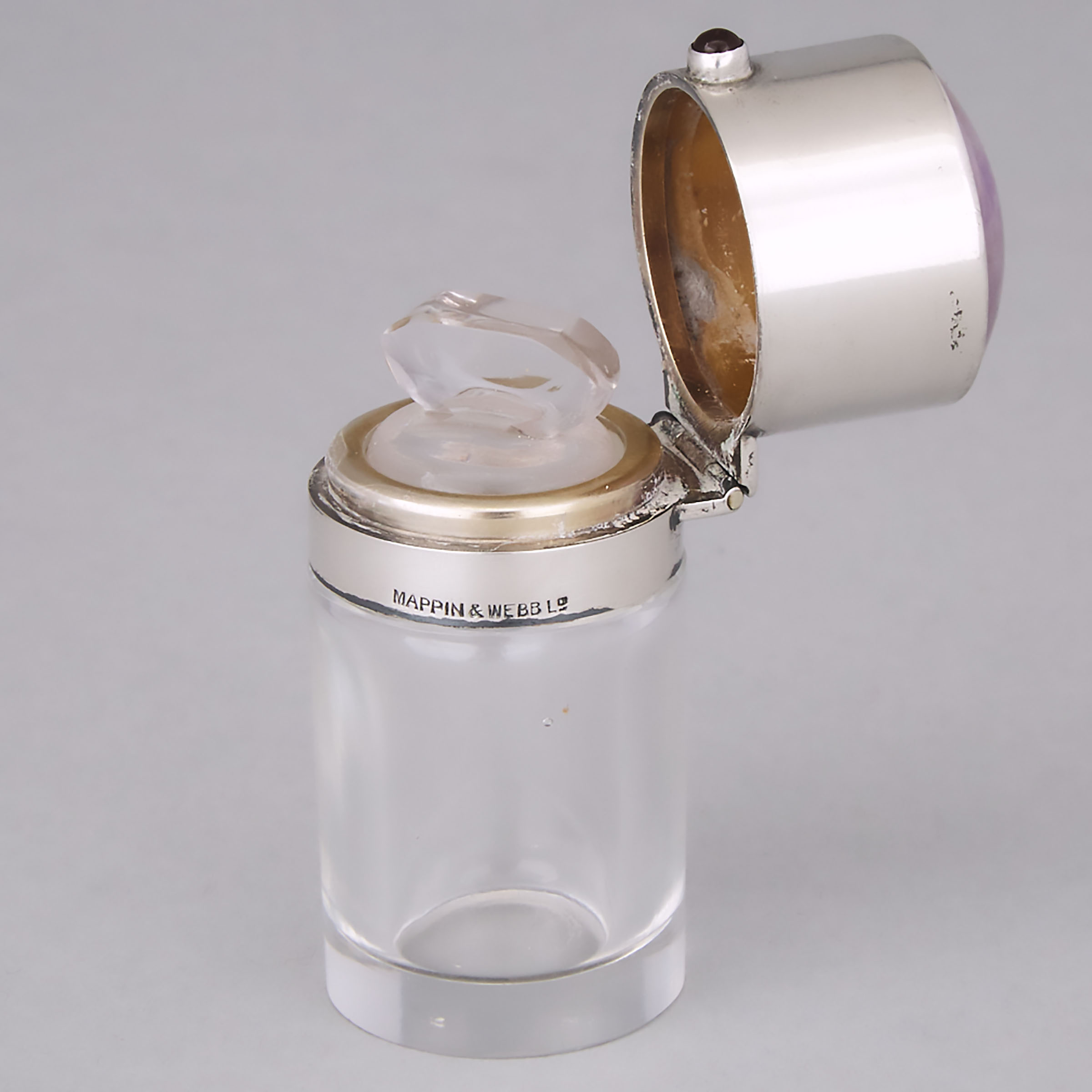 English Silver and Amethyst Quartz Mounted Glass Perfume Bottle, Levi & Salaman, Birmingham, 1912