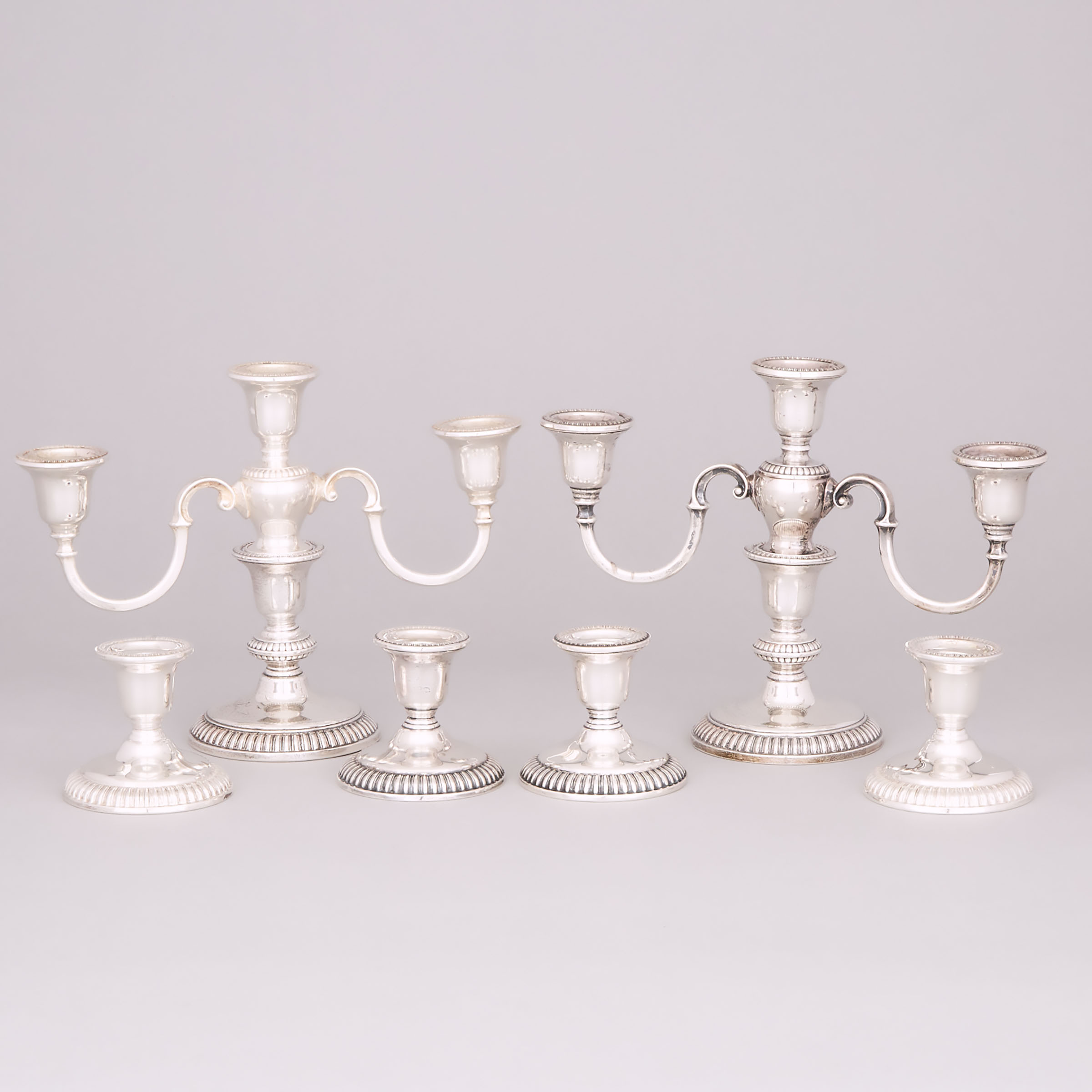 Two Canadian Silver Three-Light Candelabra and Four Low Candlesticks, Henry Birks & Sons, Montreal, Que., 20th century