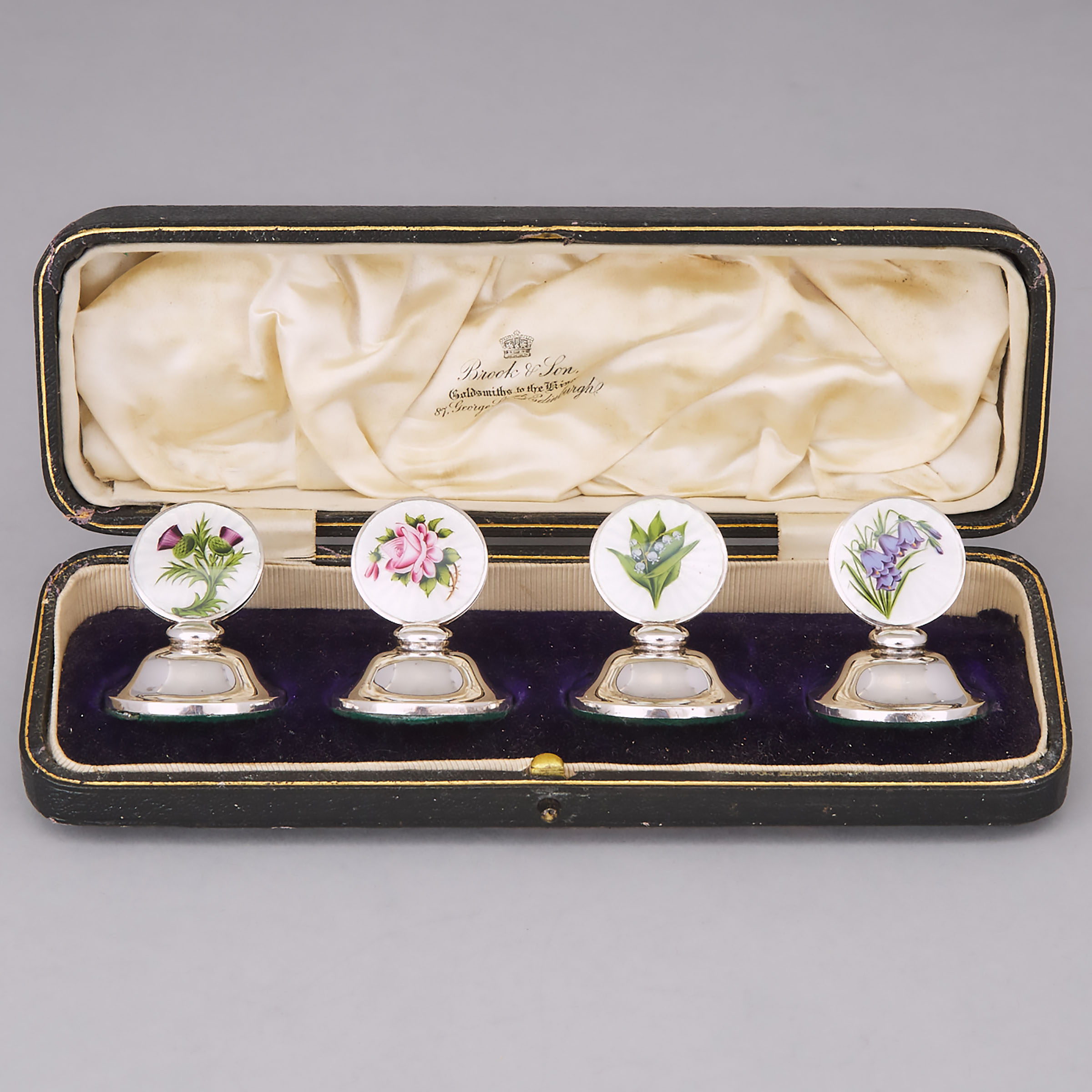 Set of Four Edwardian Enameled Silver Place-Card Holders, Lawrence Emanuel, Birmingham, 1910