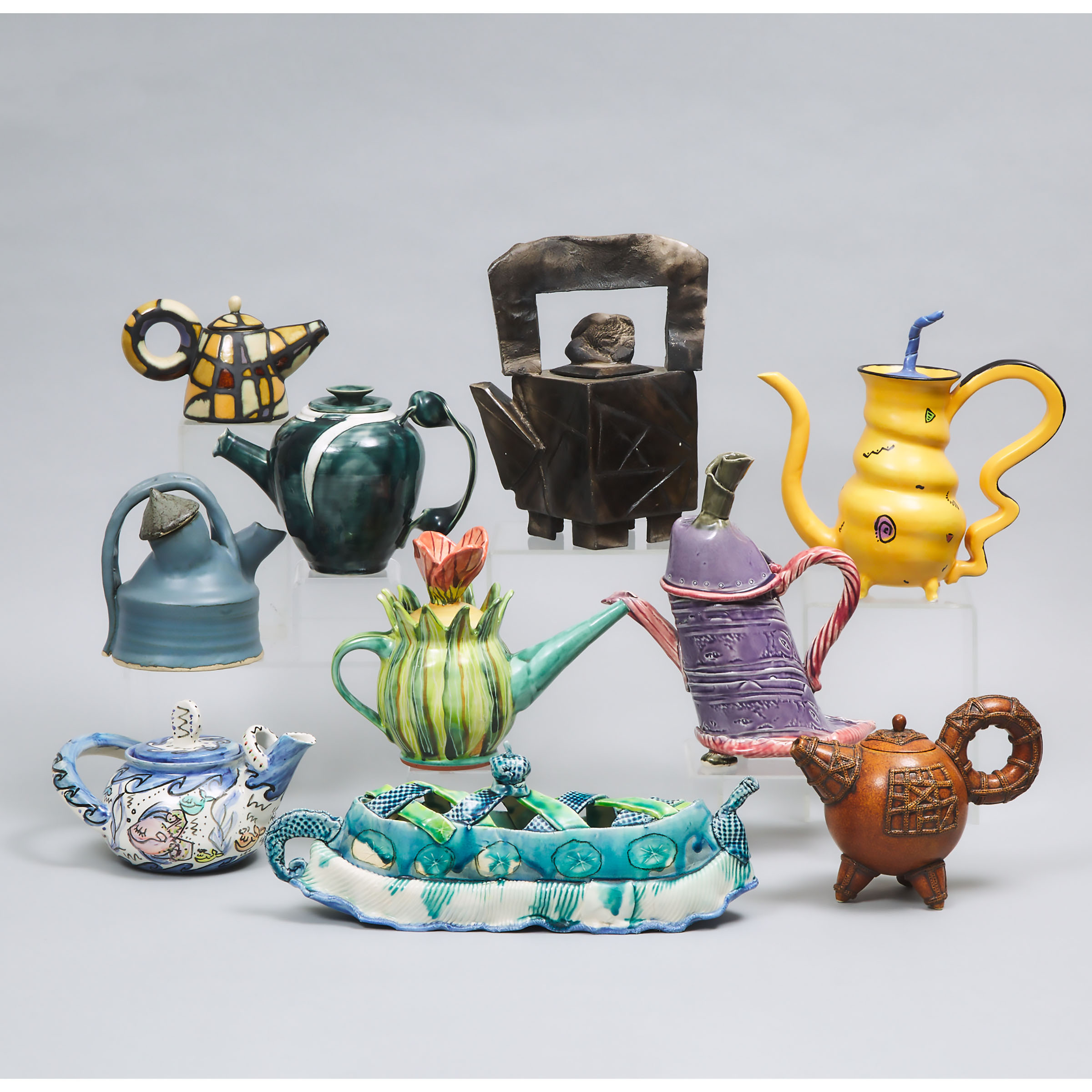 Group of Ten Studio Pottery Teapots, late 20/early 21st century