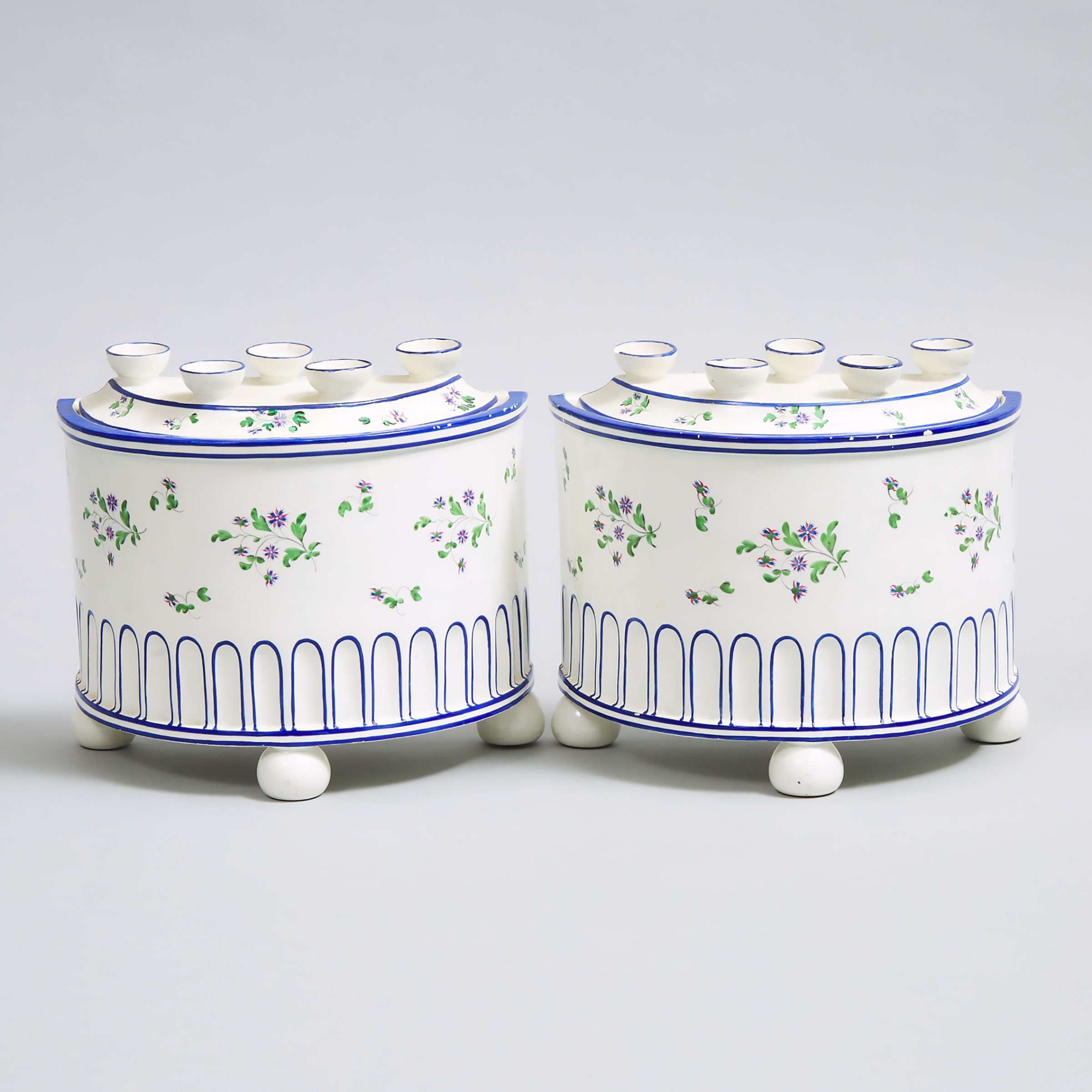 Pair of Spode Pearlware D-Shaped Bough Pots and Covers, c.1810
