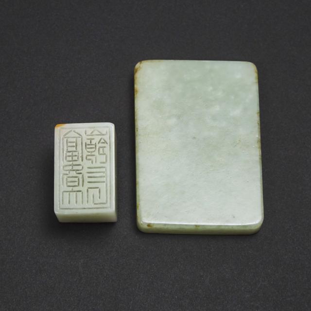A Celadon Jade 'Peach' Inkstone, together with a White and Russet Jade Seal