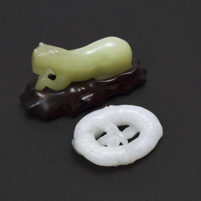 A Celadon Jade Figure of a Horse, together with a White Jade Bamboo Carving