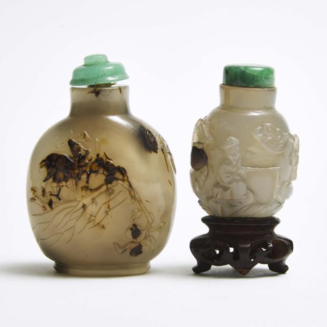 Two Well-Carved Agate Snuff Bottles, Qing Dynasty