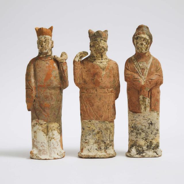 A Group of Twelve Chinese Painted Pottery Standing Figures, together with a Small Standing Figure and a Drum, Ming Dynasty, 15th Century