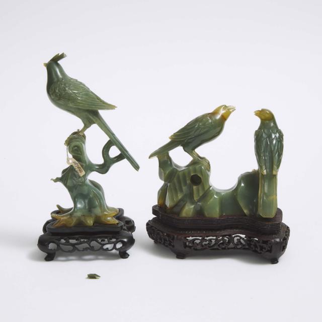 Two Green Jadeite Carvings of Birds