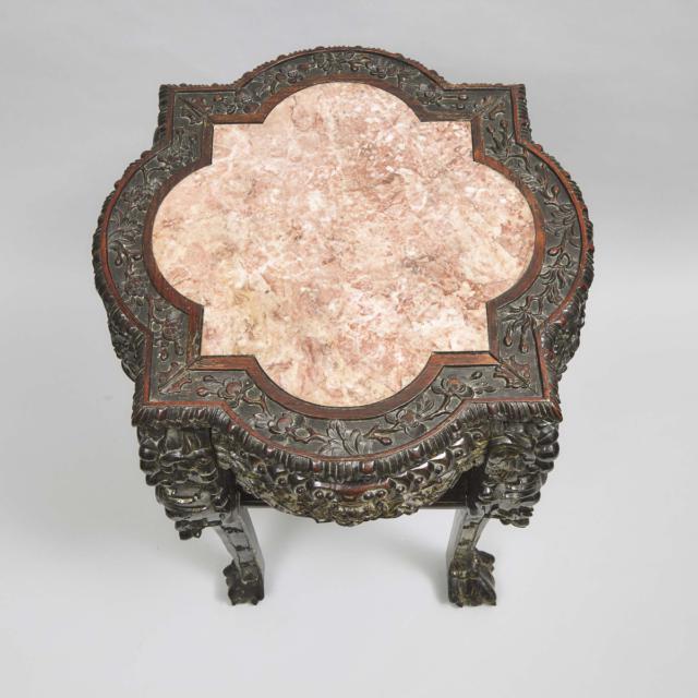 A Chinese Pink Marble-Inlaid Hardwood Stand, 19th Century