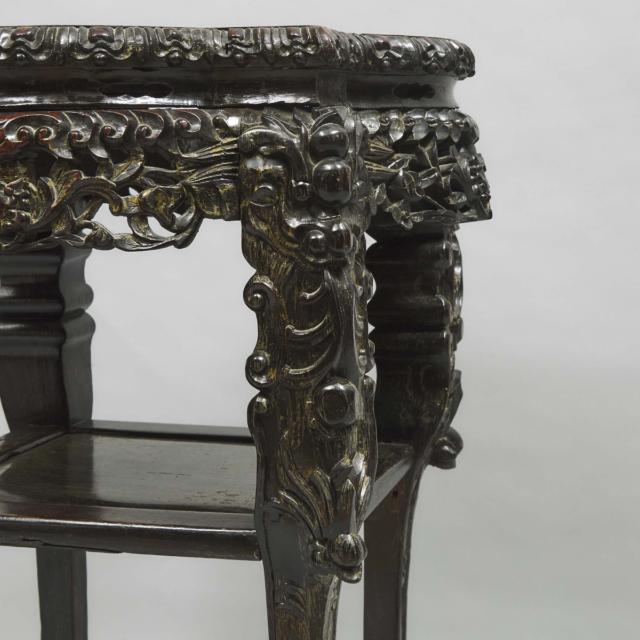 A Chinese Pink Marble-Inlaid Hardwood Stand, 19th Century