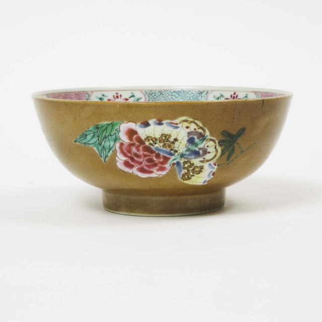 A Chinese Export Famille Rose and Cafe-au-Lait Floral Bowl, 18th Century