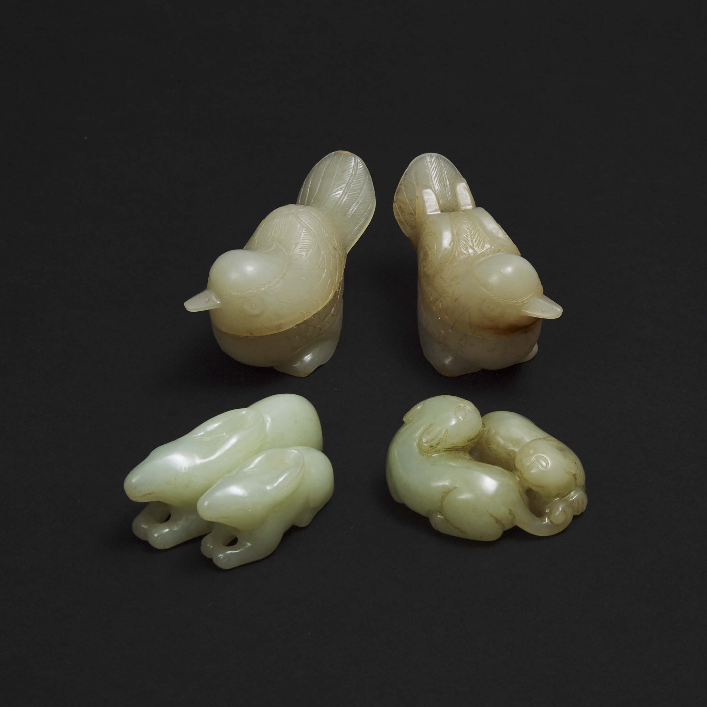 A Jade 'Twin Badger' Group, a Rabbit Group, and a Pair of 'Magpie' Boxes and Covers