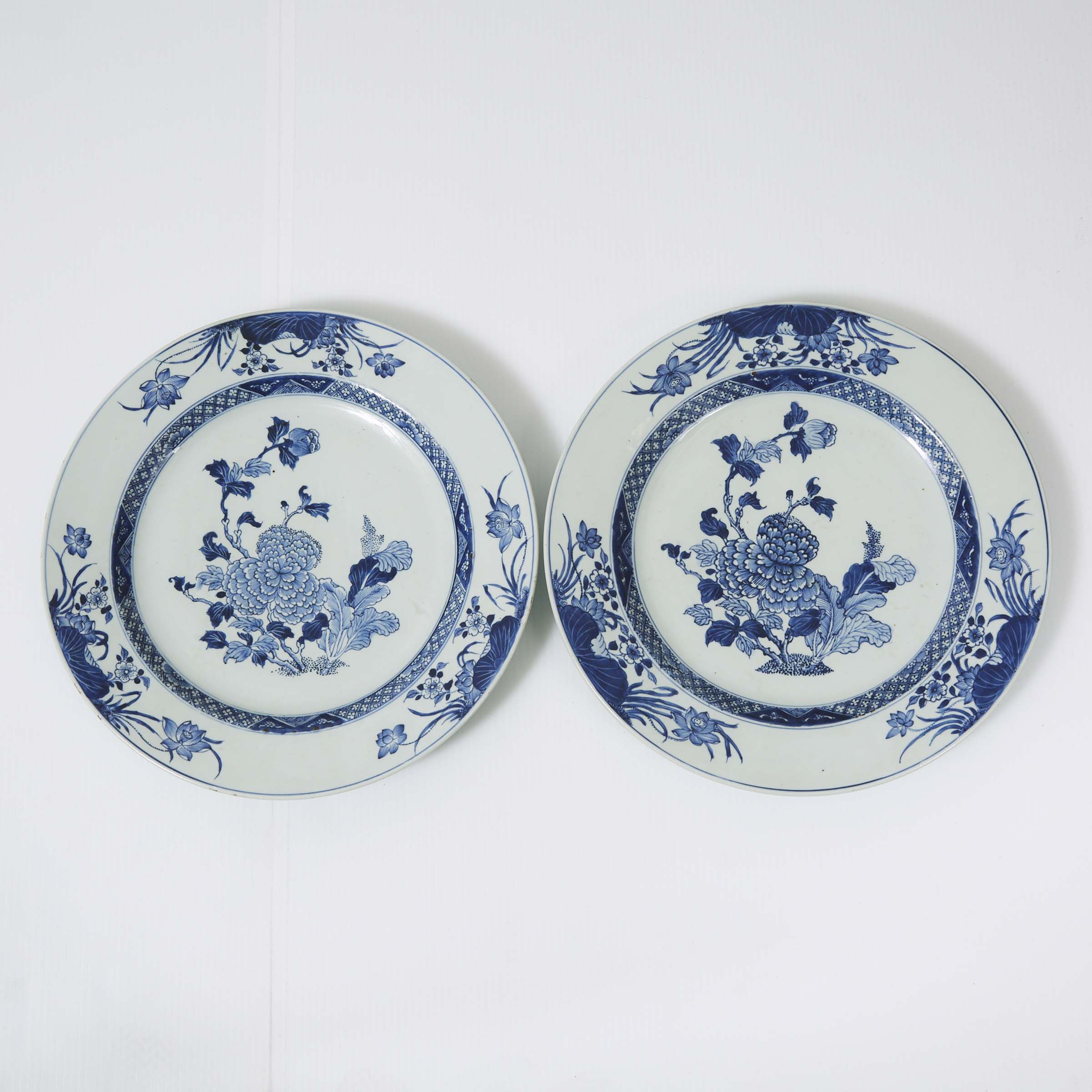 A Pair of Large Blue and White 'Peony' Chargers, 18th Century