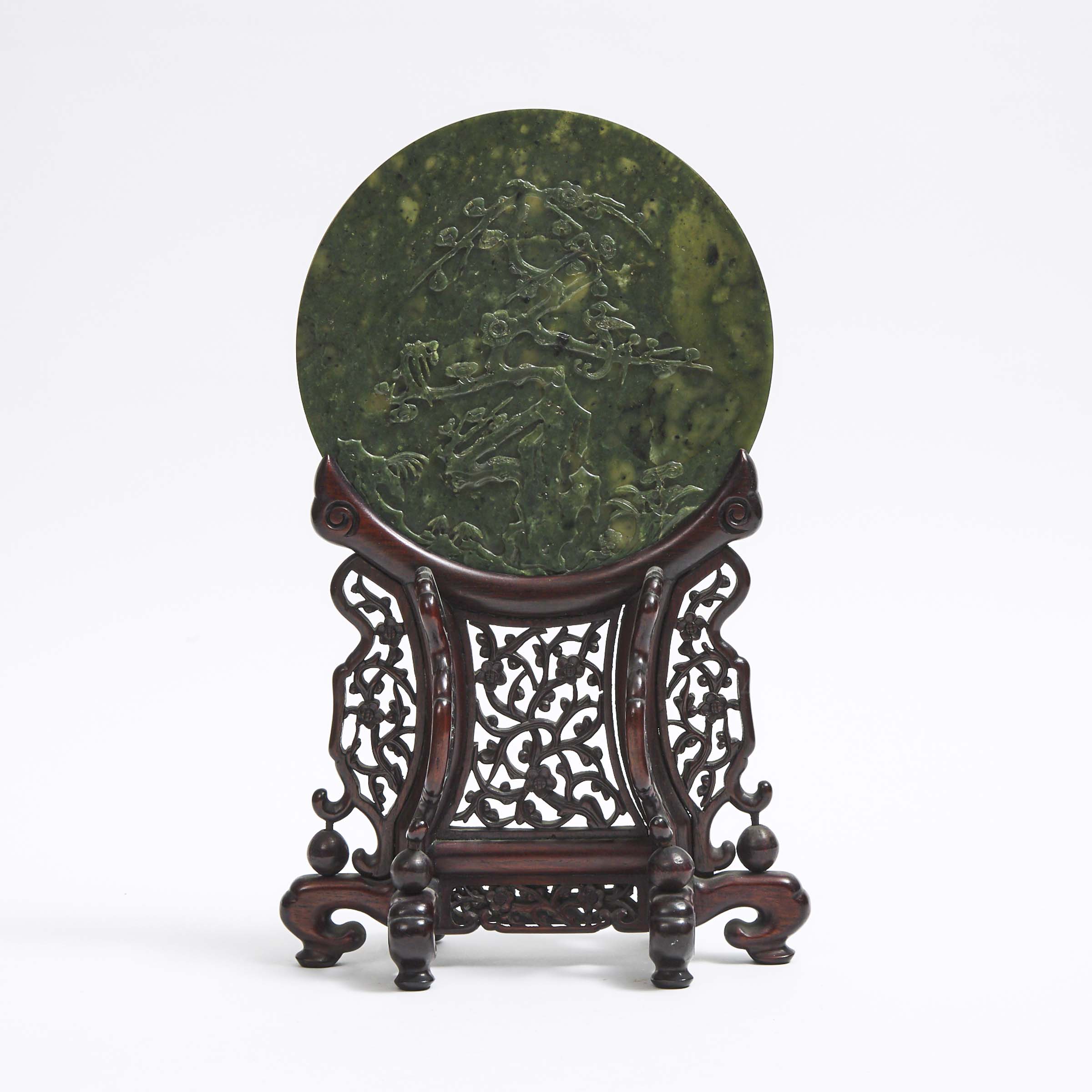 A Spinach-Green Jade 'Phoenix and Plum Blossom' Table Screen