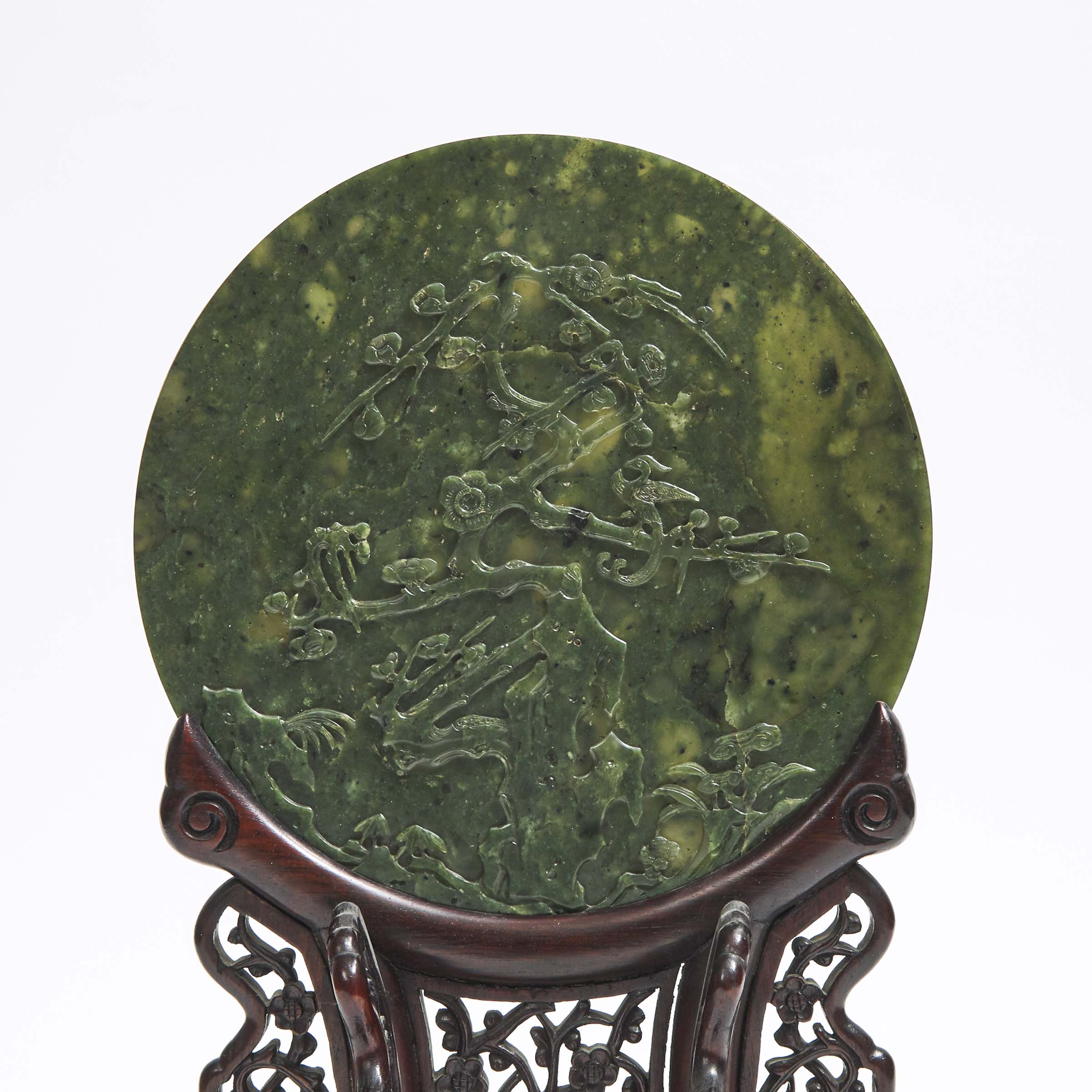 A Spinach-Green Jade 'Phoenix and Plum Blossom' Table Screen
